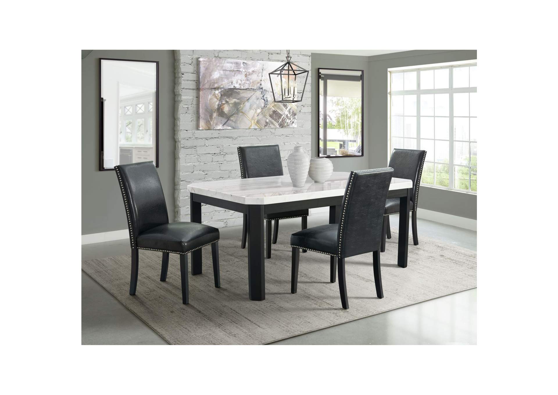 Francesca White Marble Rectangular 5 Piece Dining Set - Table Four Black Pu Chairs
