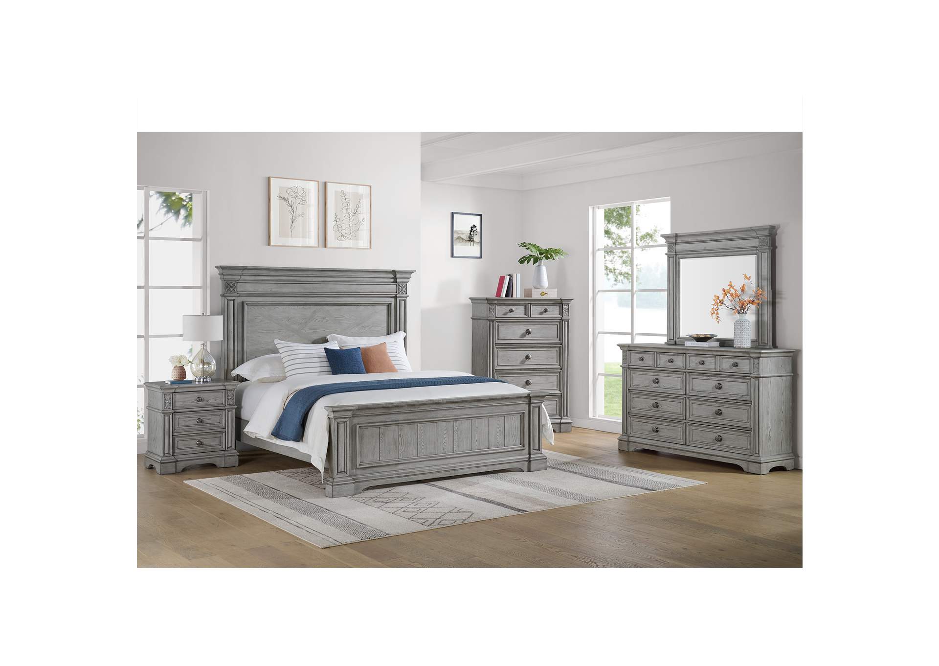 Glenmore King Panel 5 Piece Bedroom Set In Aged Grey image 1