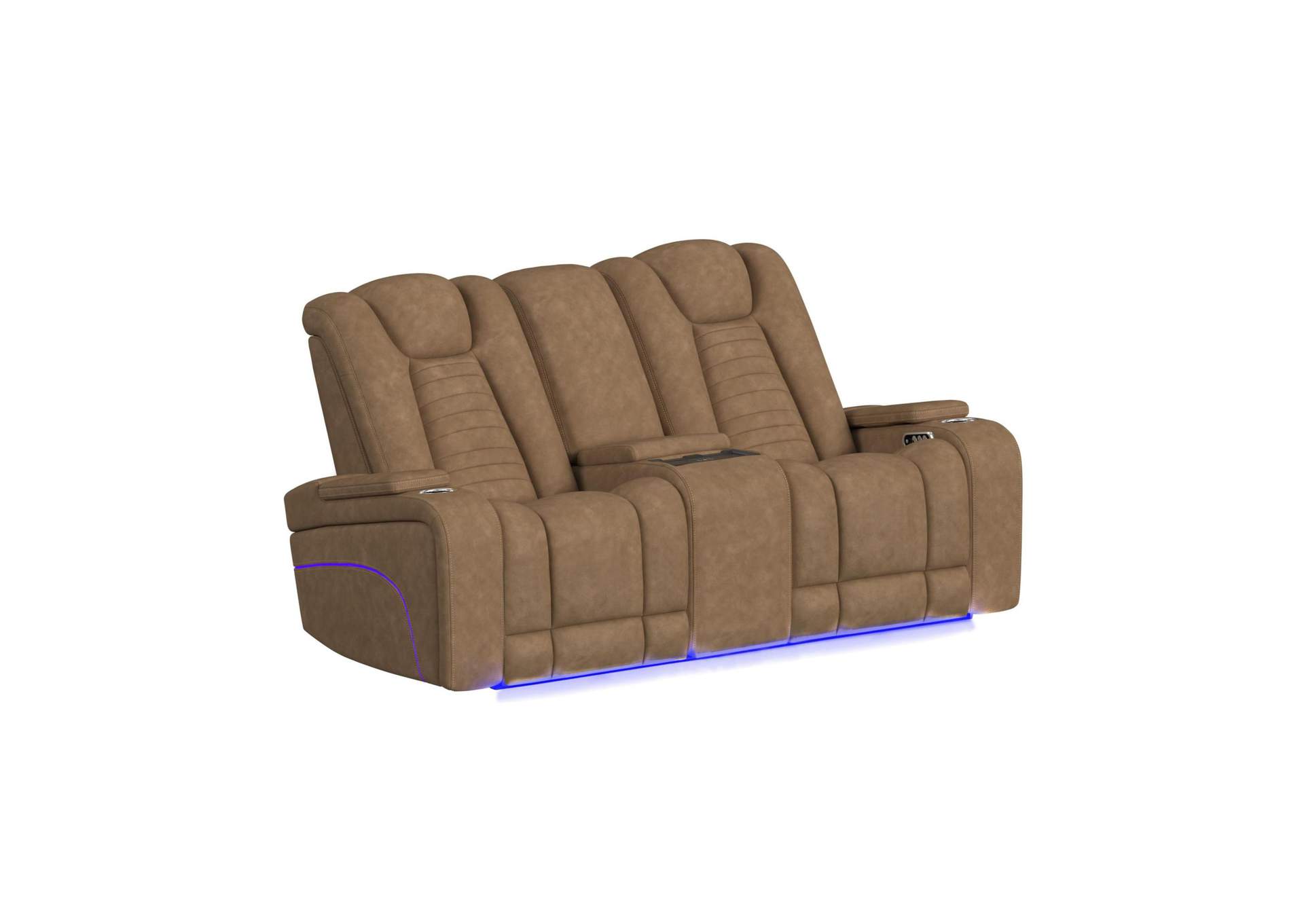 High Lander P3 Loveseat Console With Led Bottom Arm Wireless Tray In Simba Saddle image 3