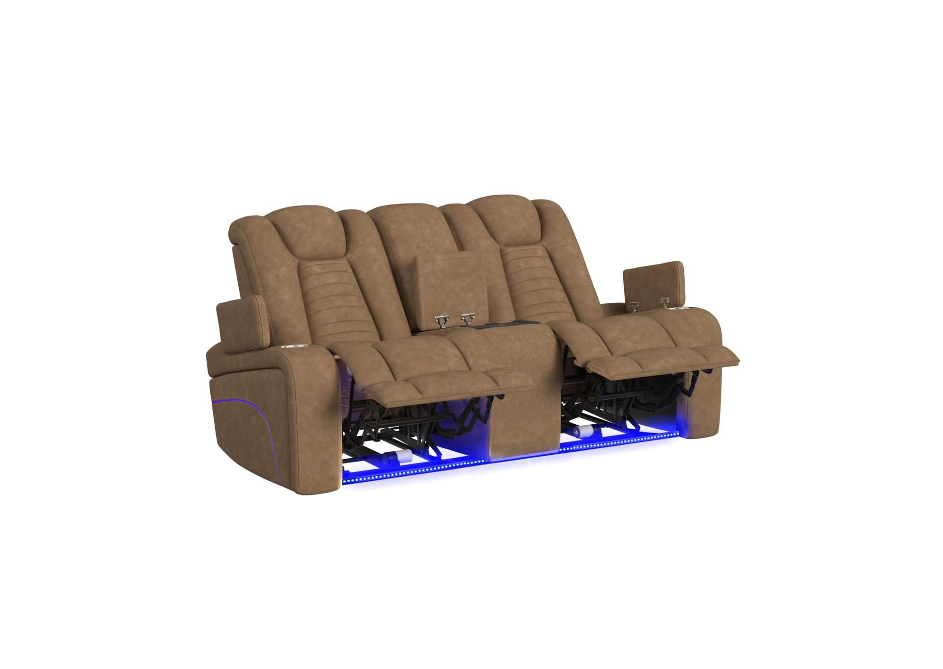 High Lander P3 Loveseat Console With Led Bottom Arm Wireless Tray In Simba Saddle image 4