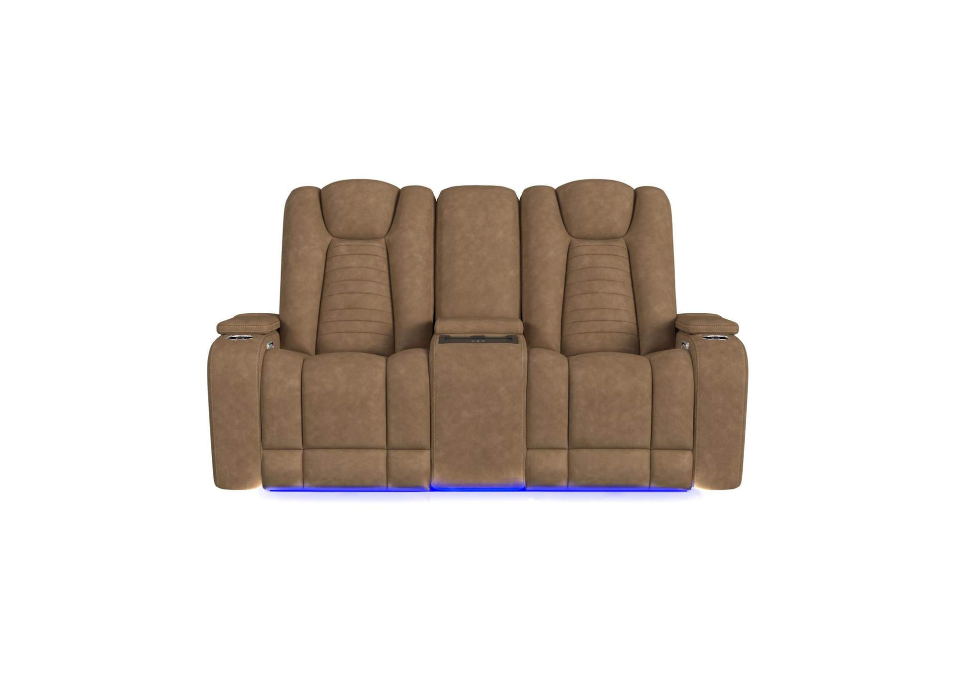 High Lander P3 Loveseat Console With Led Bottom Arm Wireless Tray In Simba Saddle image 5