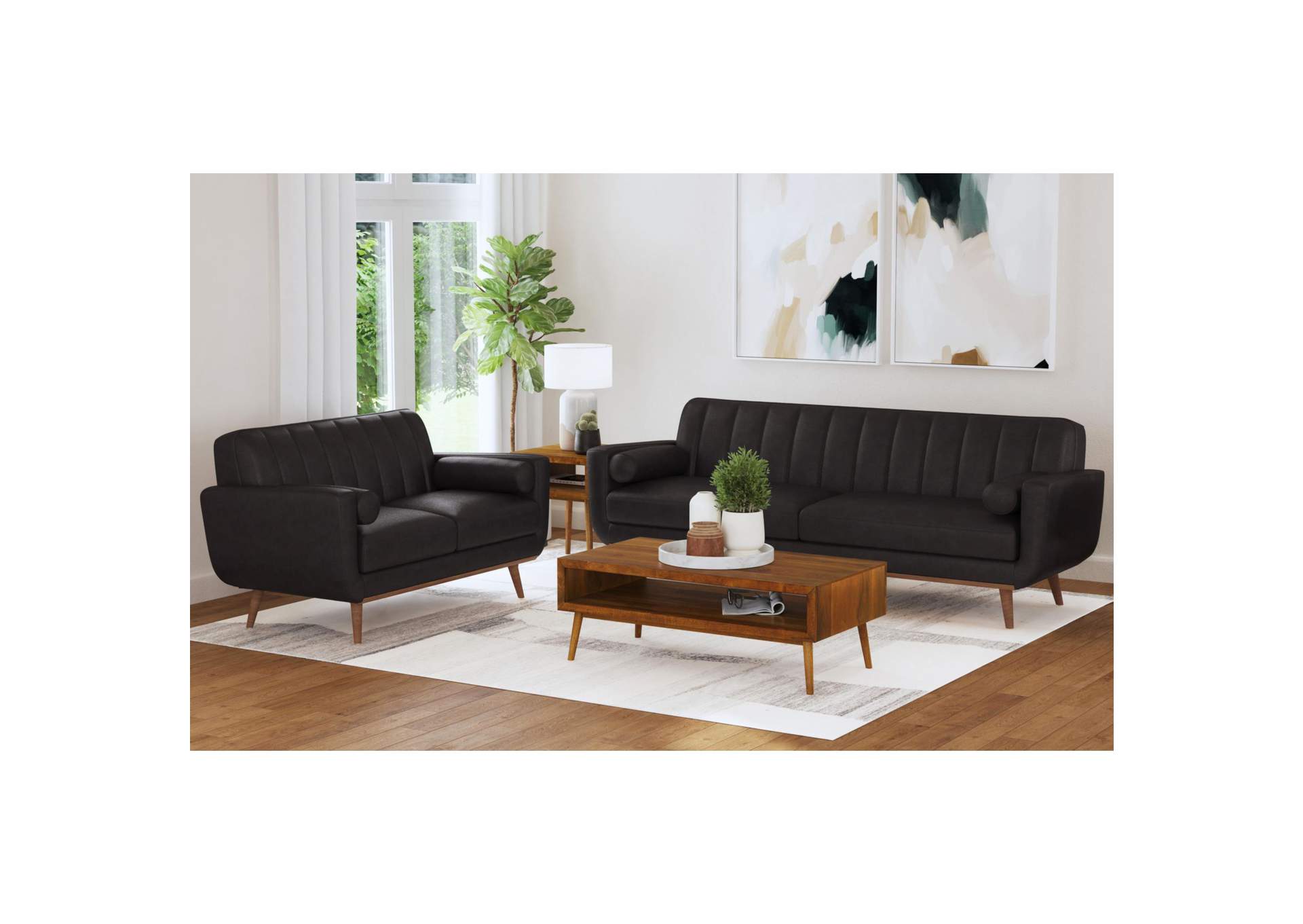 Horizon Loveseat With Wood Front 2 6 Bolster Pillows In Pebble Dark Grey image 1