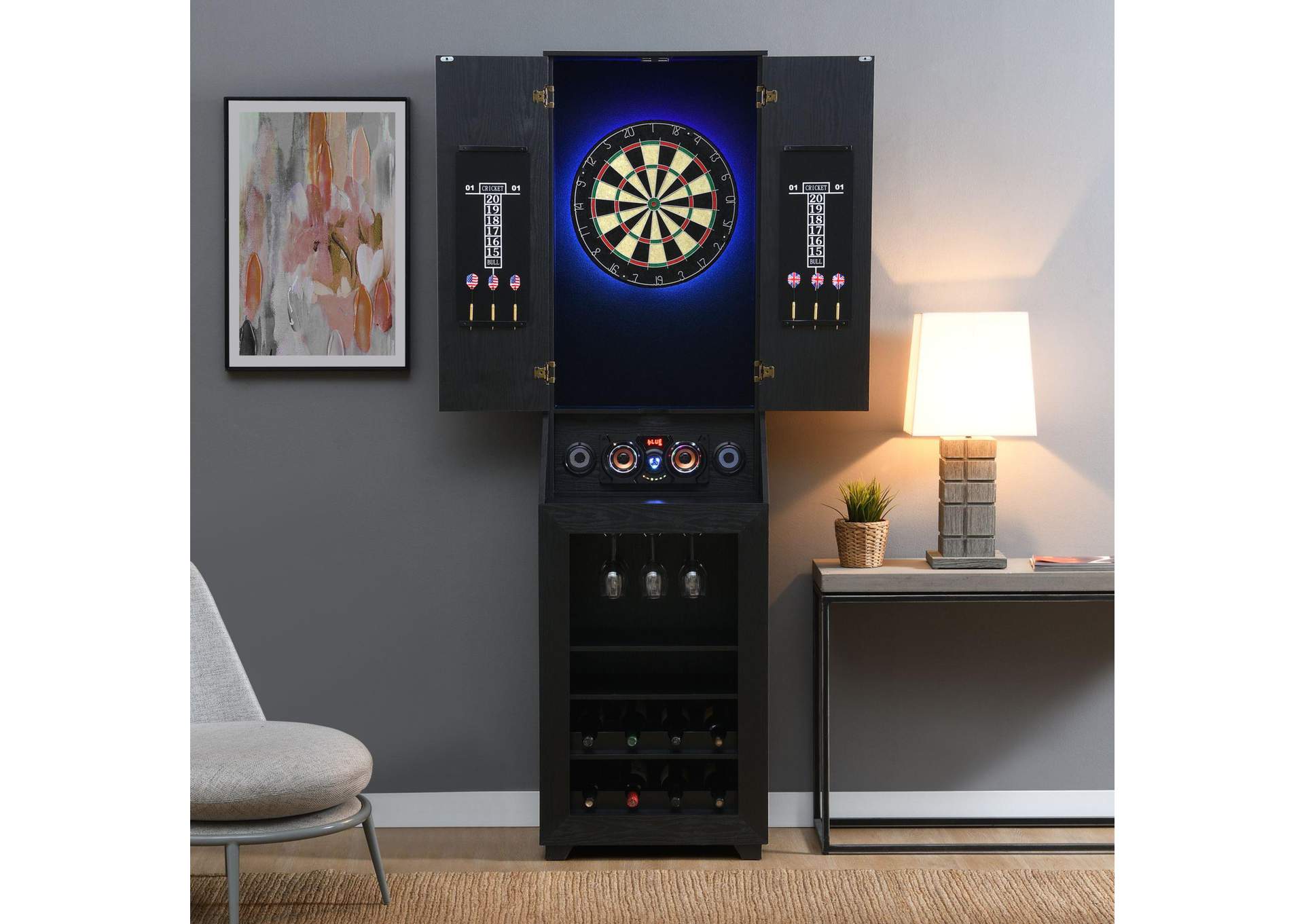 Hurricanes Dartboard Cabinet With Speaker And Led In Black 3A image 1