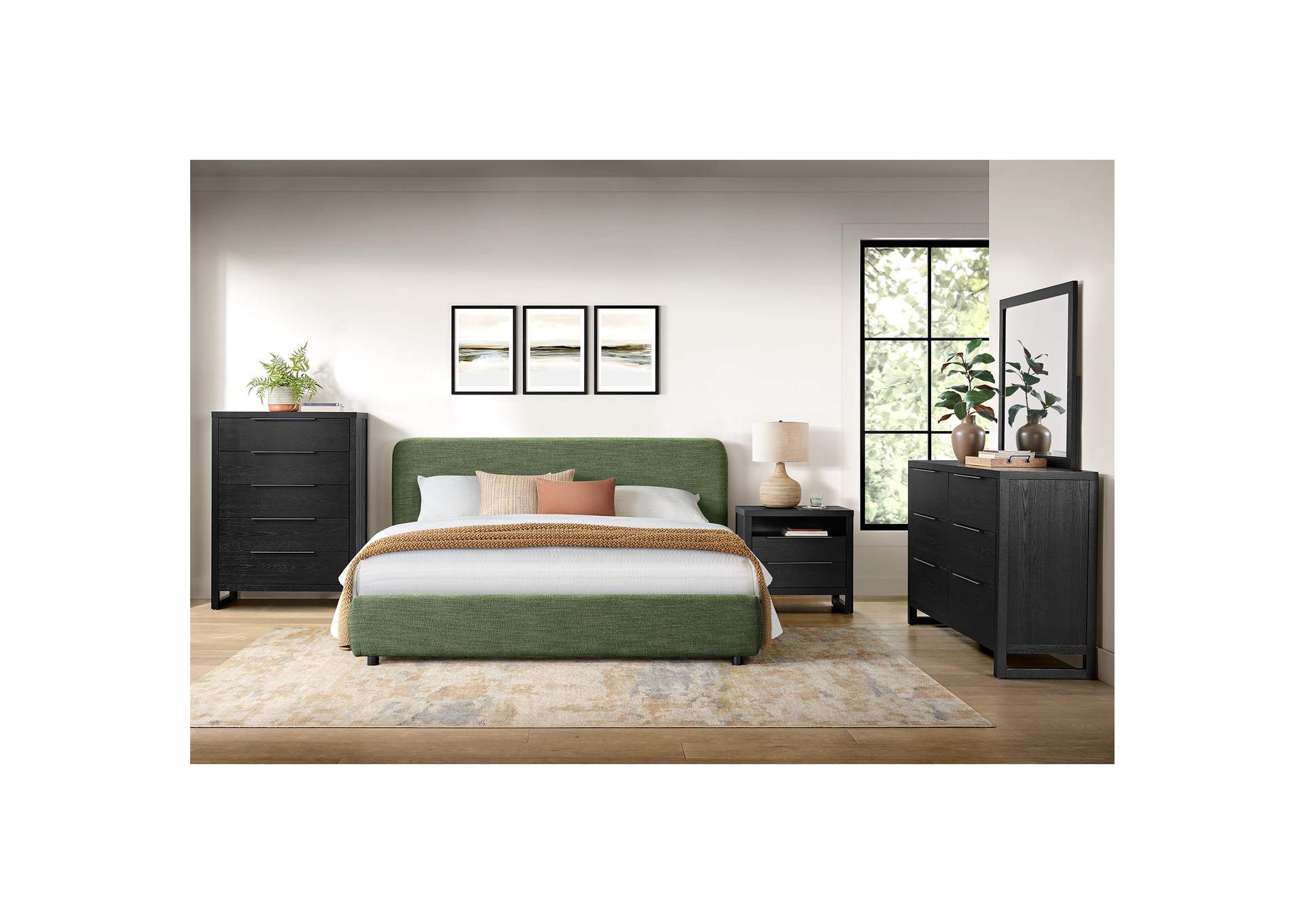 Island King Upholstery Panel Bed In Noha Green Fabric image 1