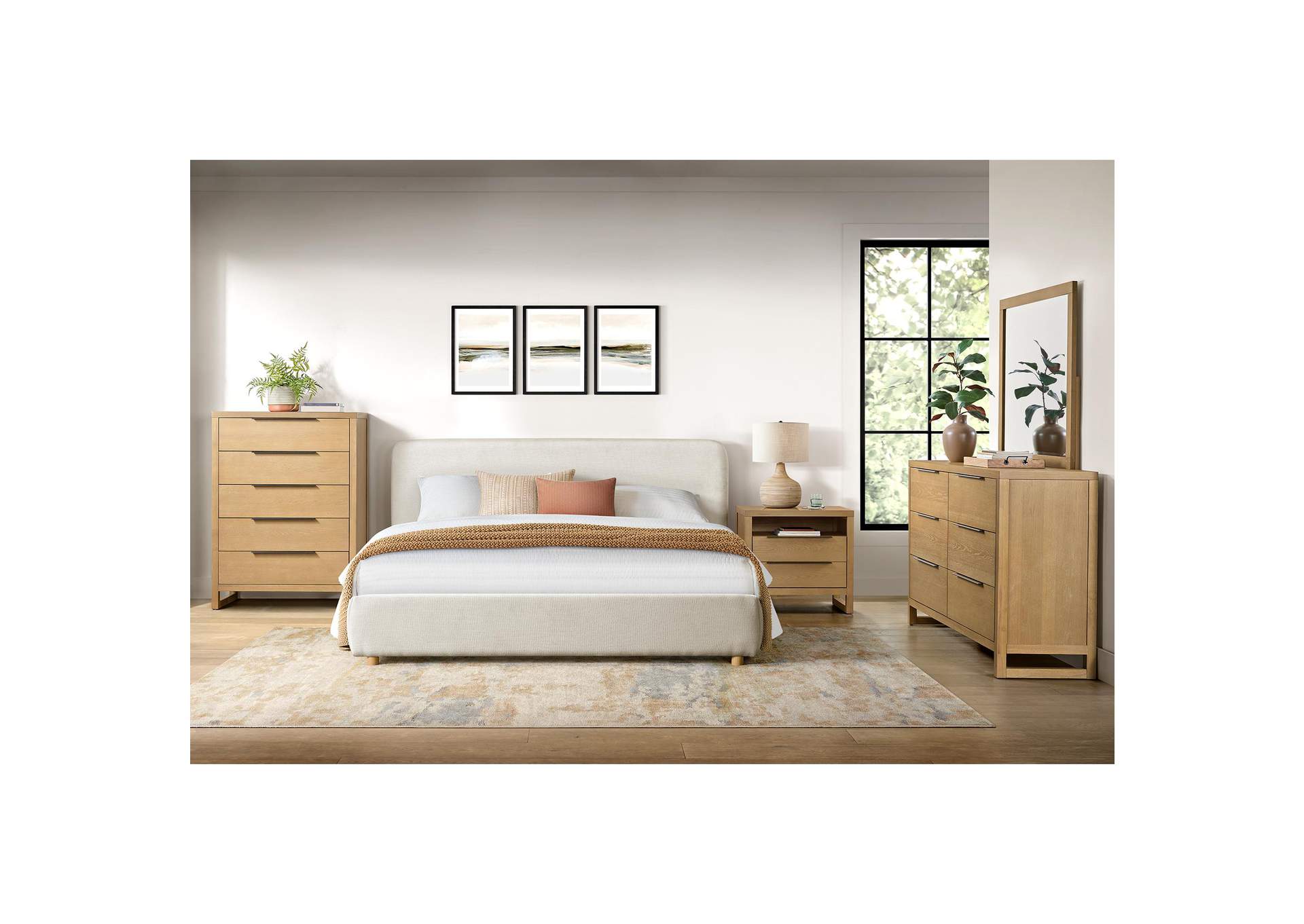Island Queen Upholstery Panel Bed In Noha Ivory Fabric image 1