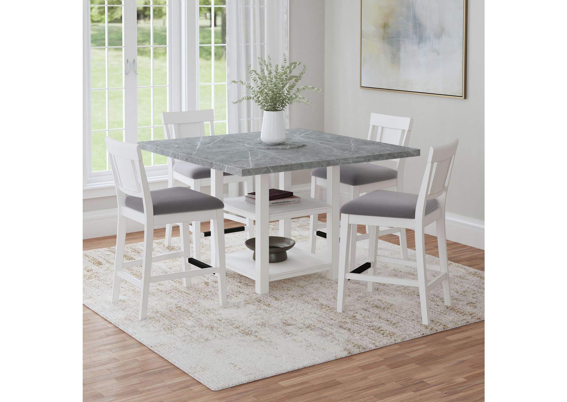 Karina Square Counter Table With Grey Faux Marble And Lazy Susan In Washed White image 1
