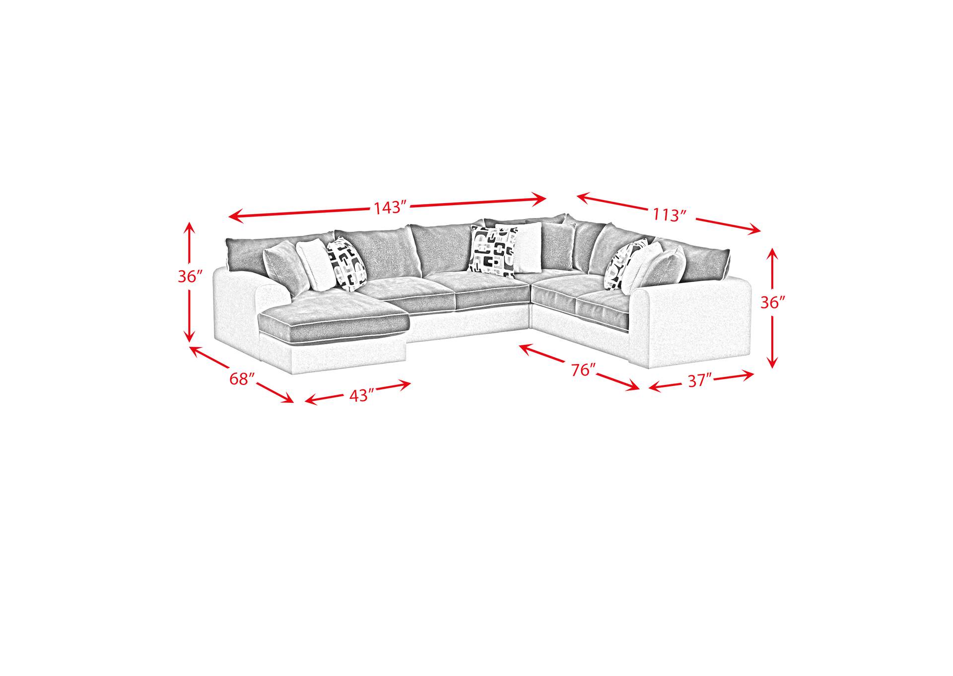 Klein Right Hand Facing Sofa In Bentley Ash - Zaftig Ebony With 3 Pillows