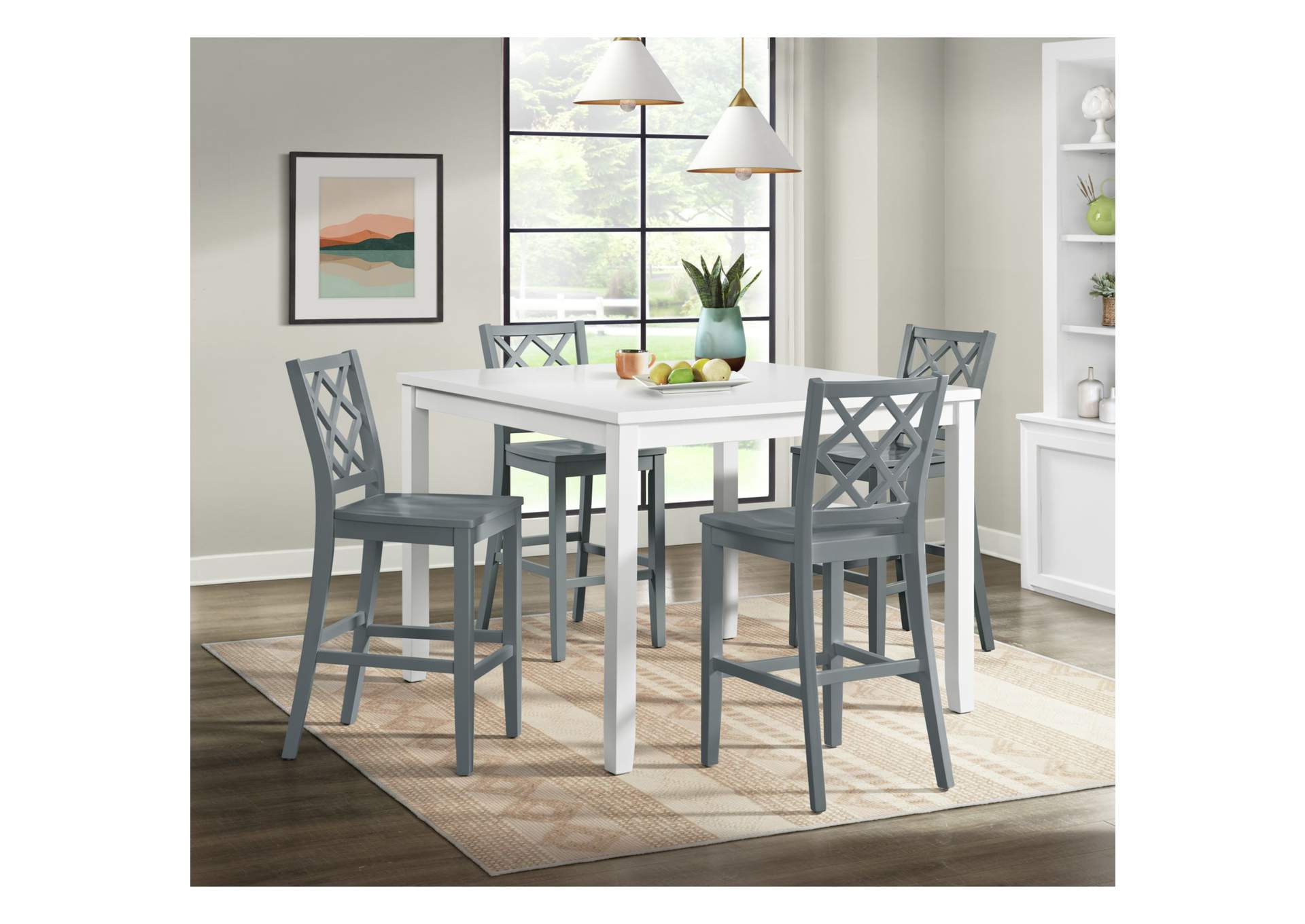 Kona 5 Piece Counter Height Dining Set In White - Table And Four Grey Chairs image 1