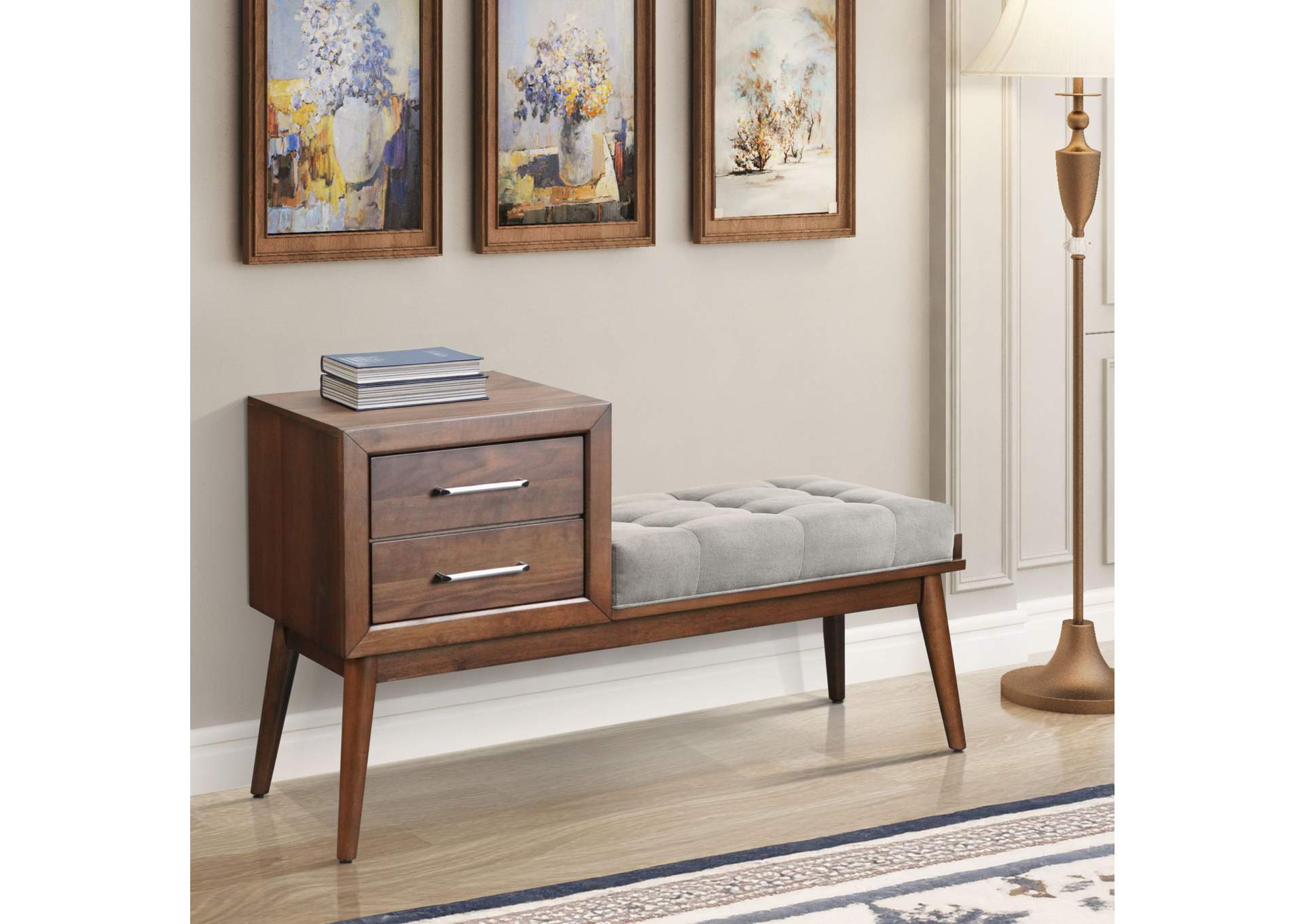 Malibu Bench With Grey Fabric In Walnut image 1