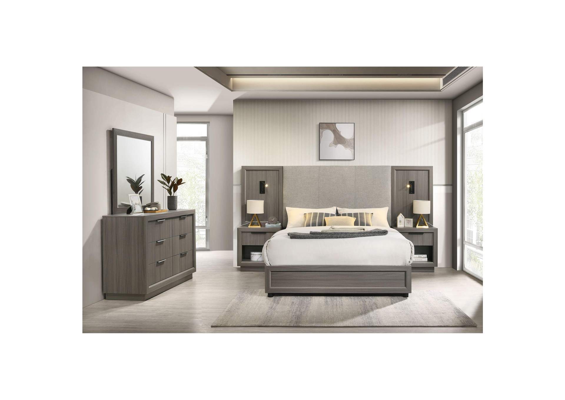 Martina Full Upholstery Bed With Palmer Smoke Fabric 2 Piers And 2 Nightstands In Grey image 1