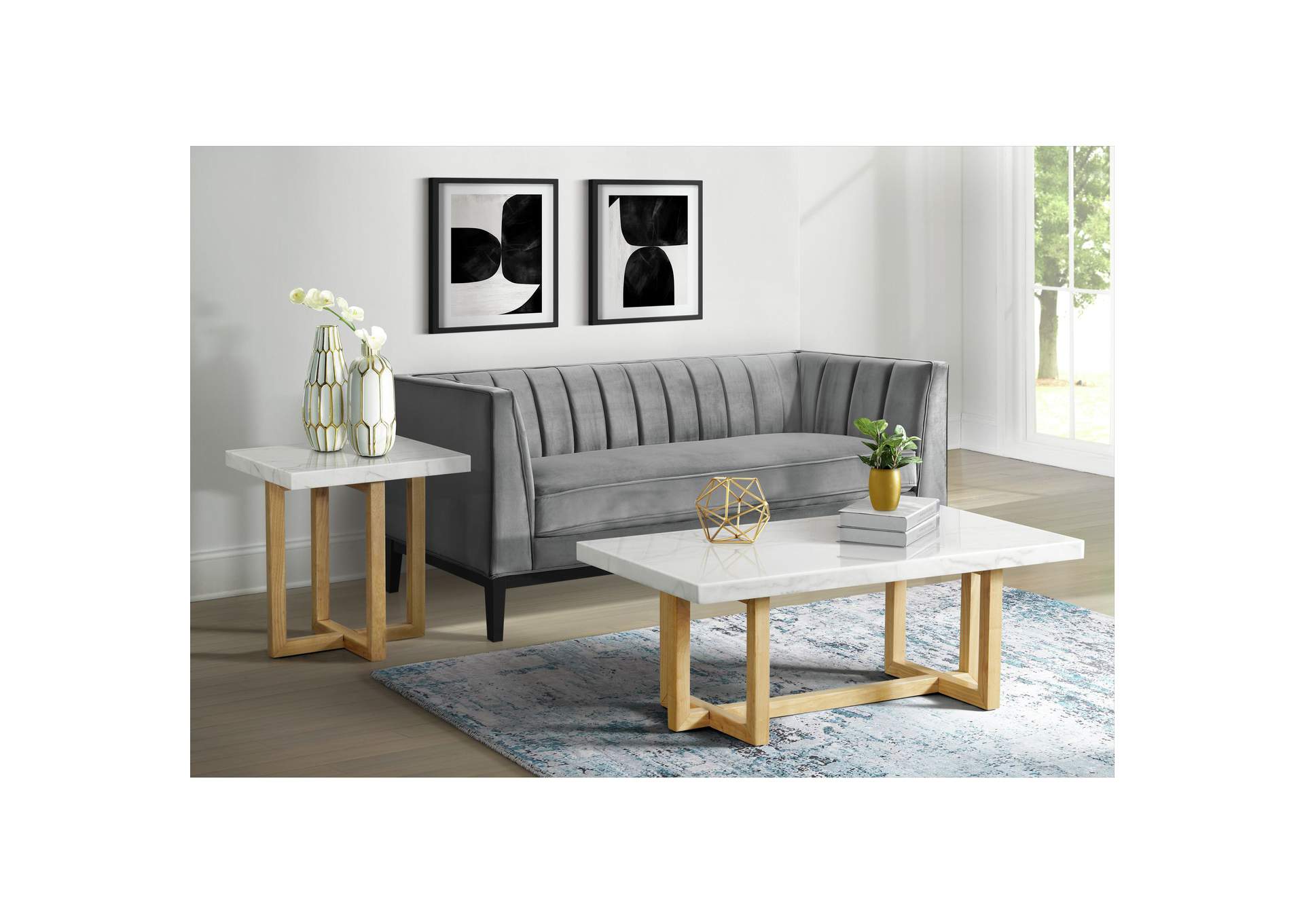Morris End Table In Natural With White Marble Top