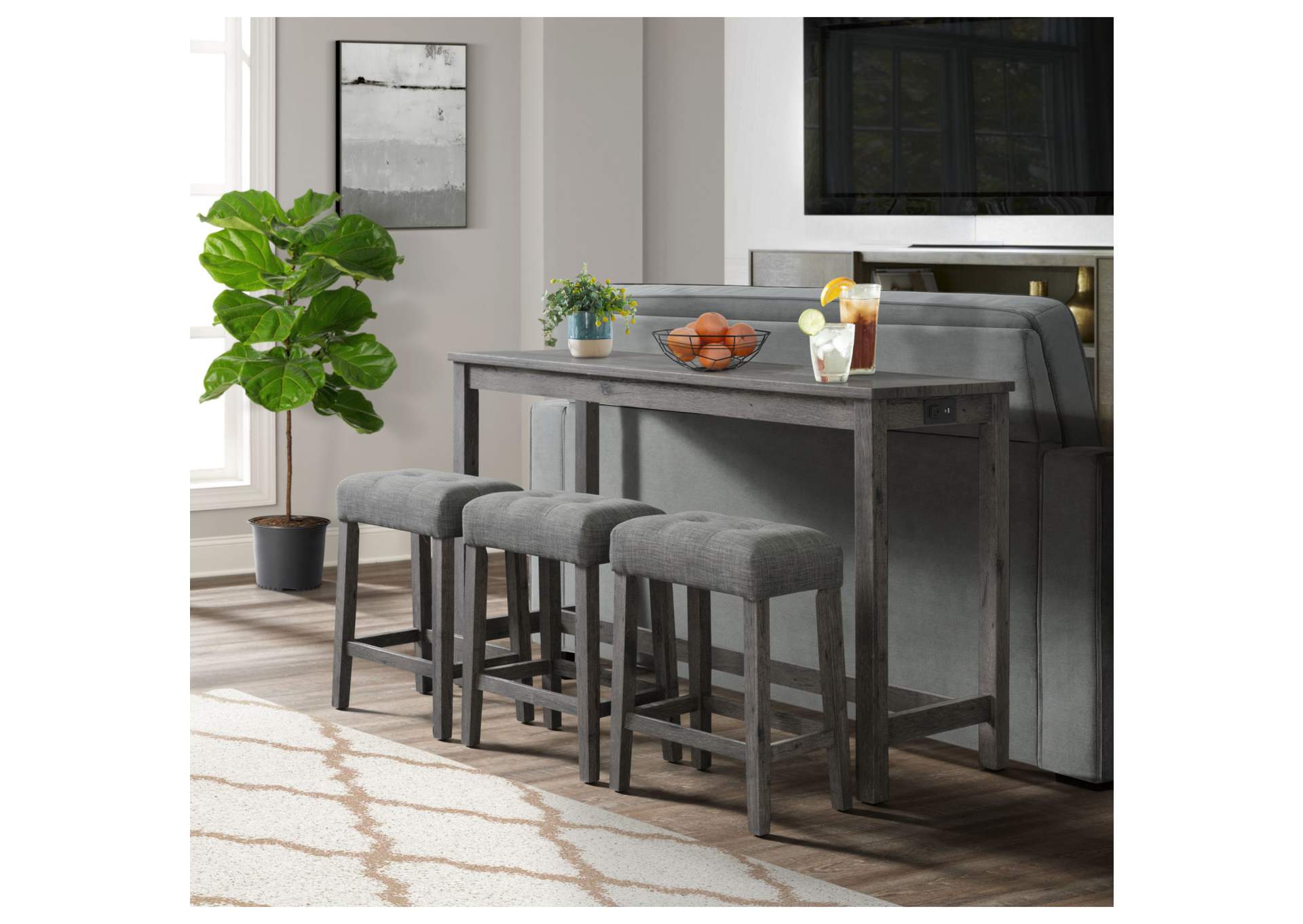 Oak Lawn Charcoal Grey Bar Table Single Pack Table 3 Grey Fabric Stools image 1