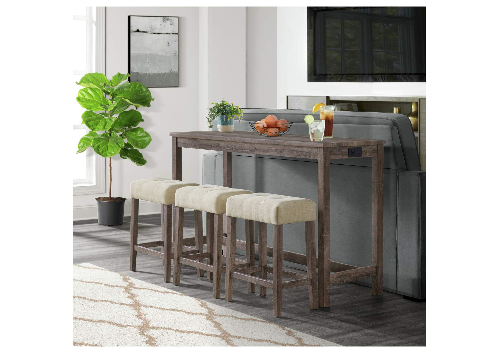 Oak Lawn Grey Bar Table Single Pack Table 3 Tan Fabric Stools image 1