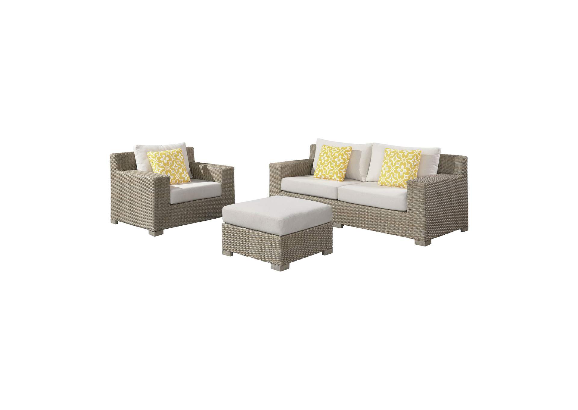 Ollie 3 Piece Patio Conversation Set In Tan And Olefin White Cream - Sofa Chair Ottoman image 6