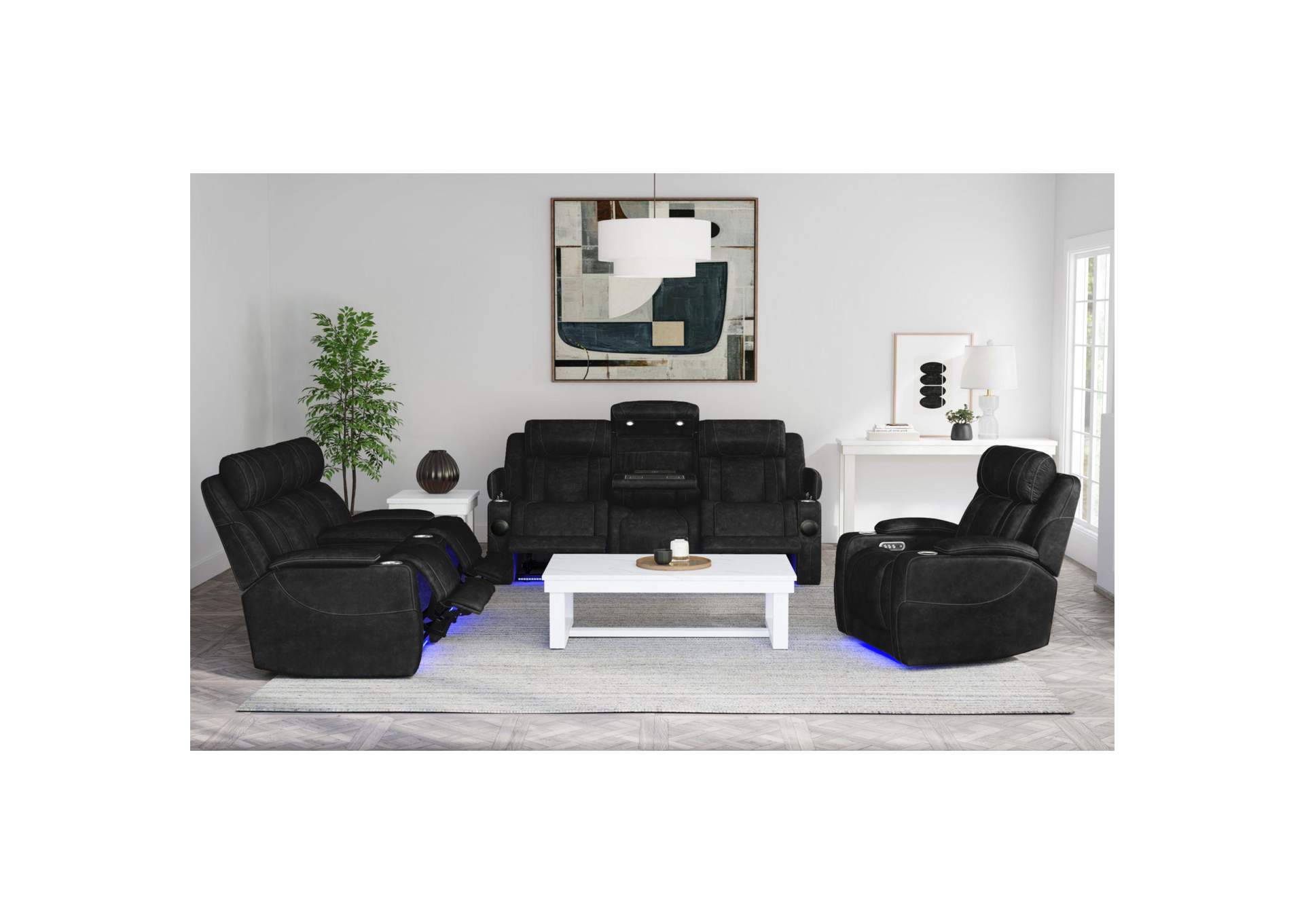 Phantom P3 Sofa With I Table Reading Light Heat Massage Blue Led And Speaker In Leather Gel Black image 1