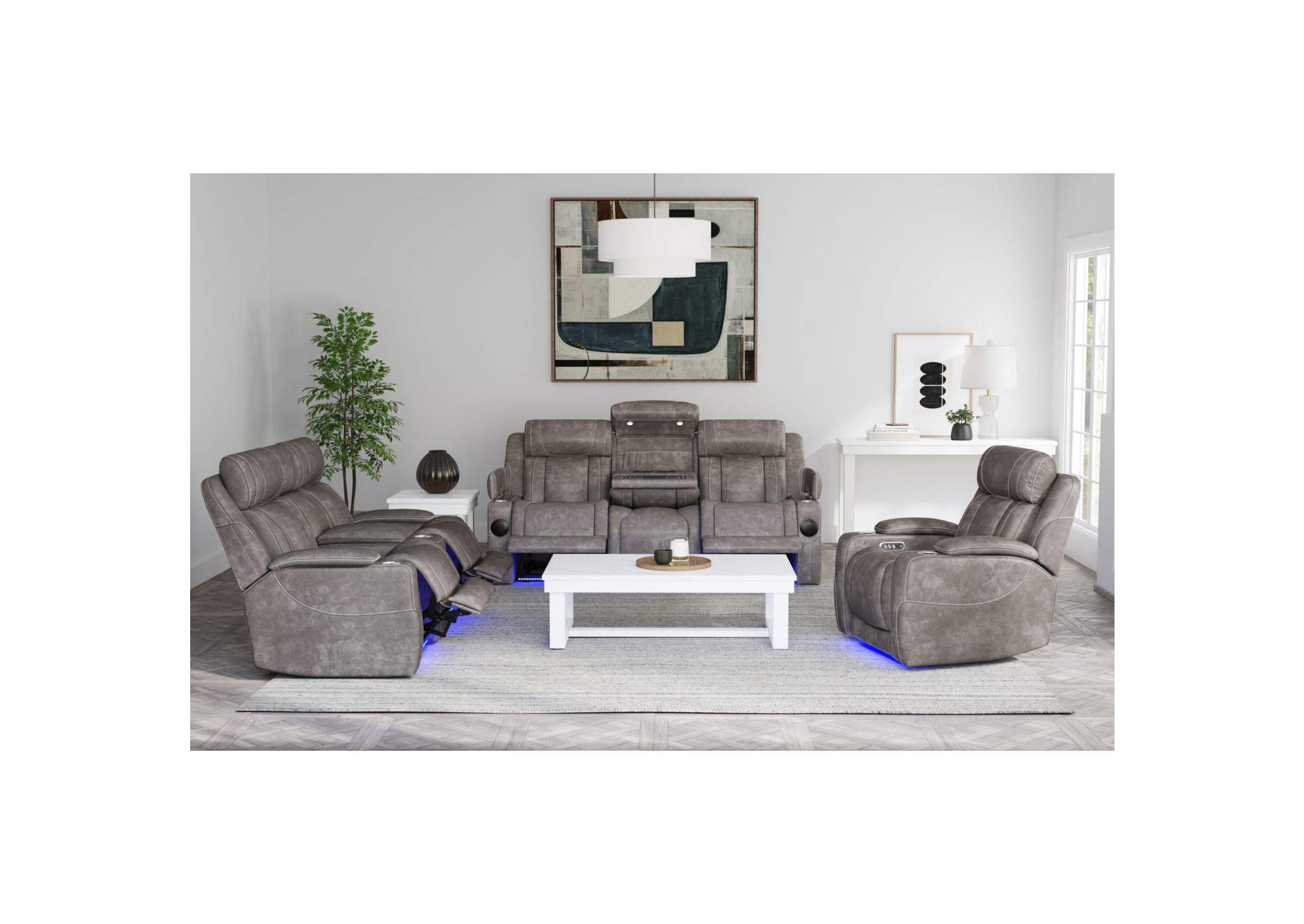 Phantom P3 Sofa With I Table Reading Light Heat Massage Blue Led And Speaker In Leather Gel Grey image 1