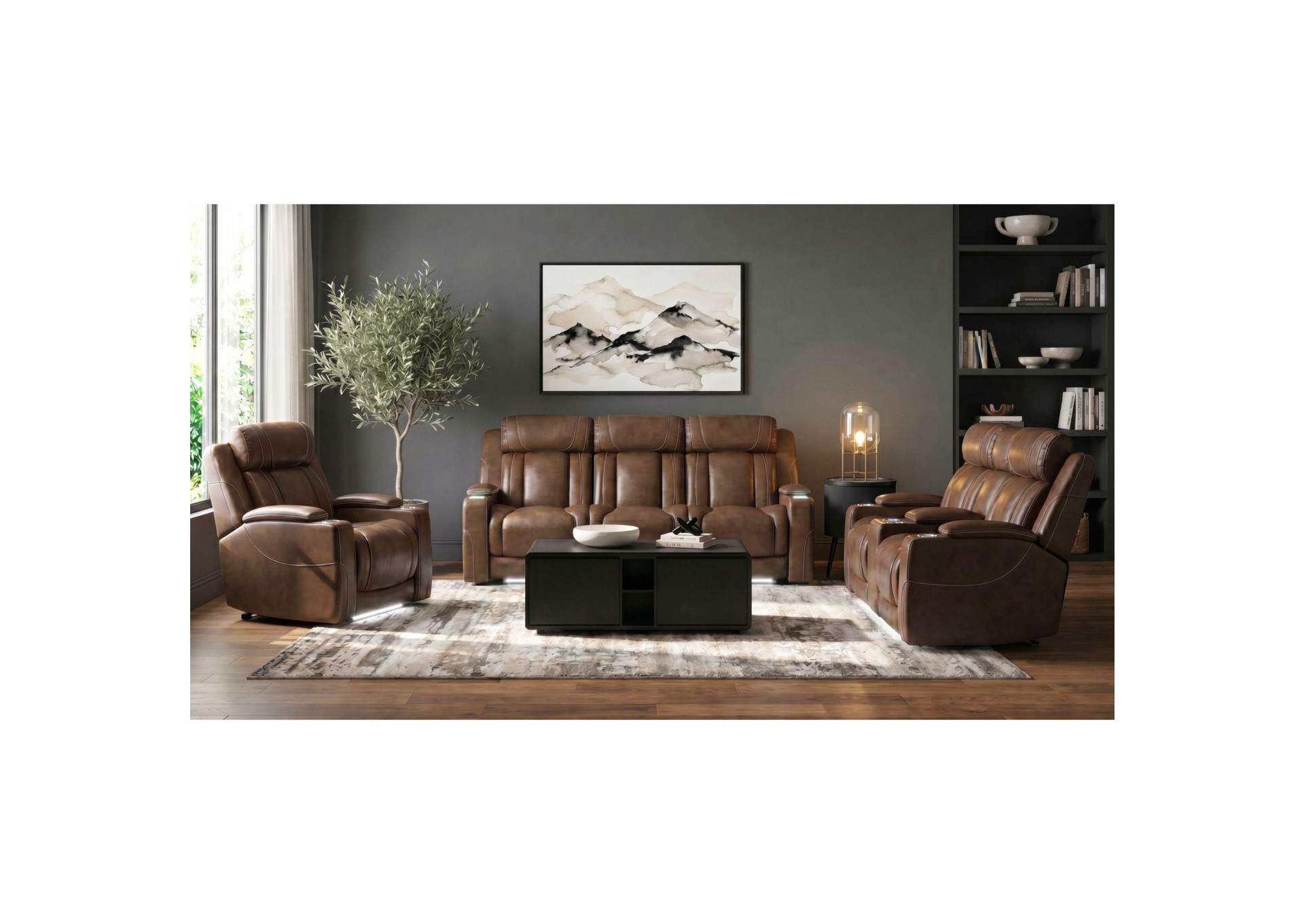 Phantom P3 Sofa With 30 Table Reading Light Heat Massage 7 Color Led And Speaker In Leather Gel Umber image 1