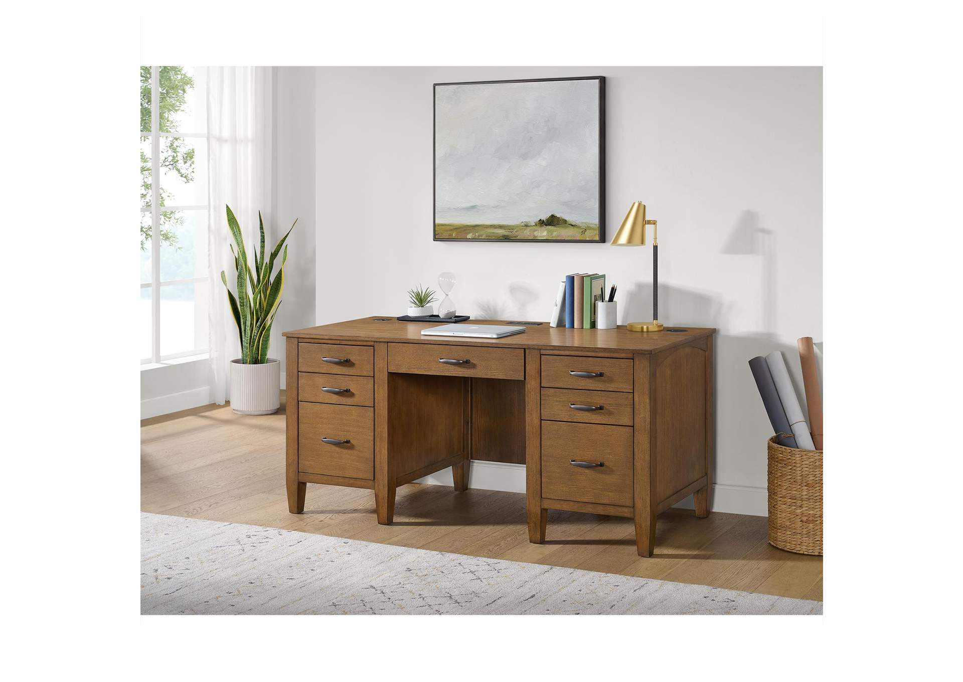 Portico Double Pedestal Desk With Power - USB In Brown Oak image 1