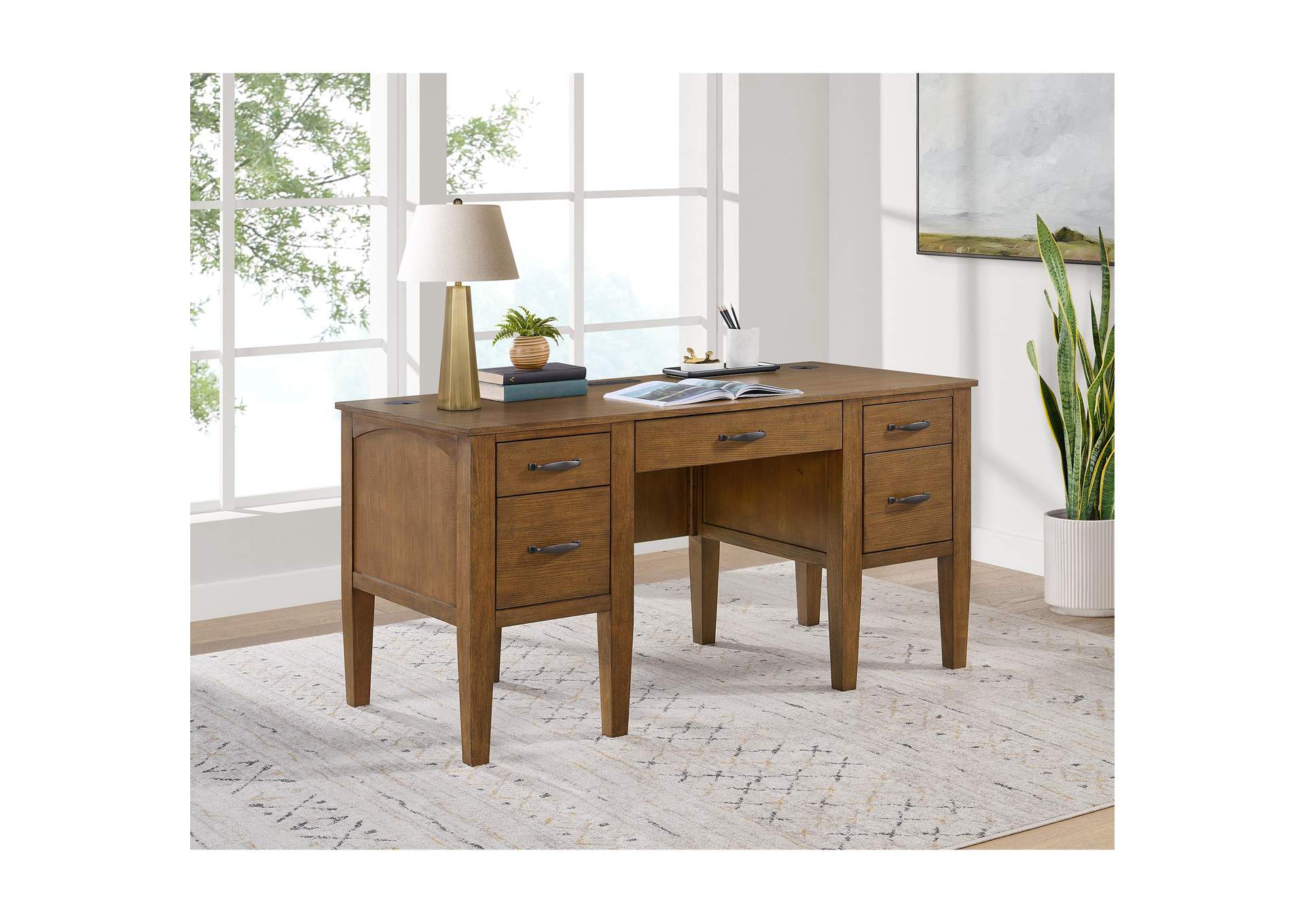 Portico Half Pedestal Desk With Power - USB In Brown Oak image 1