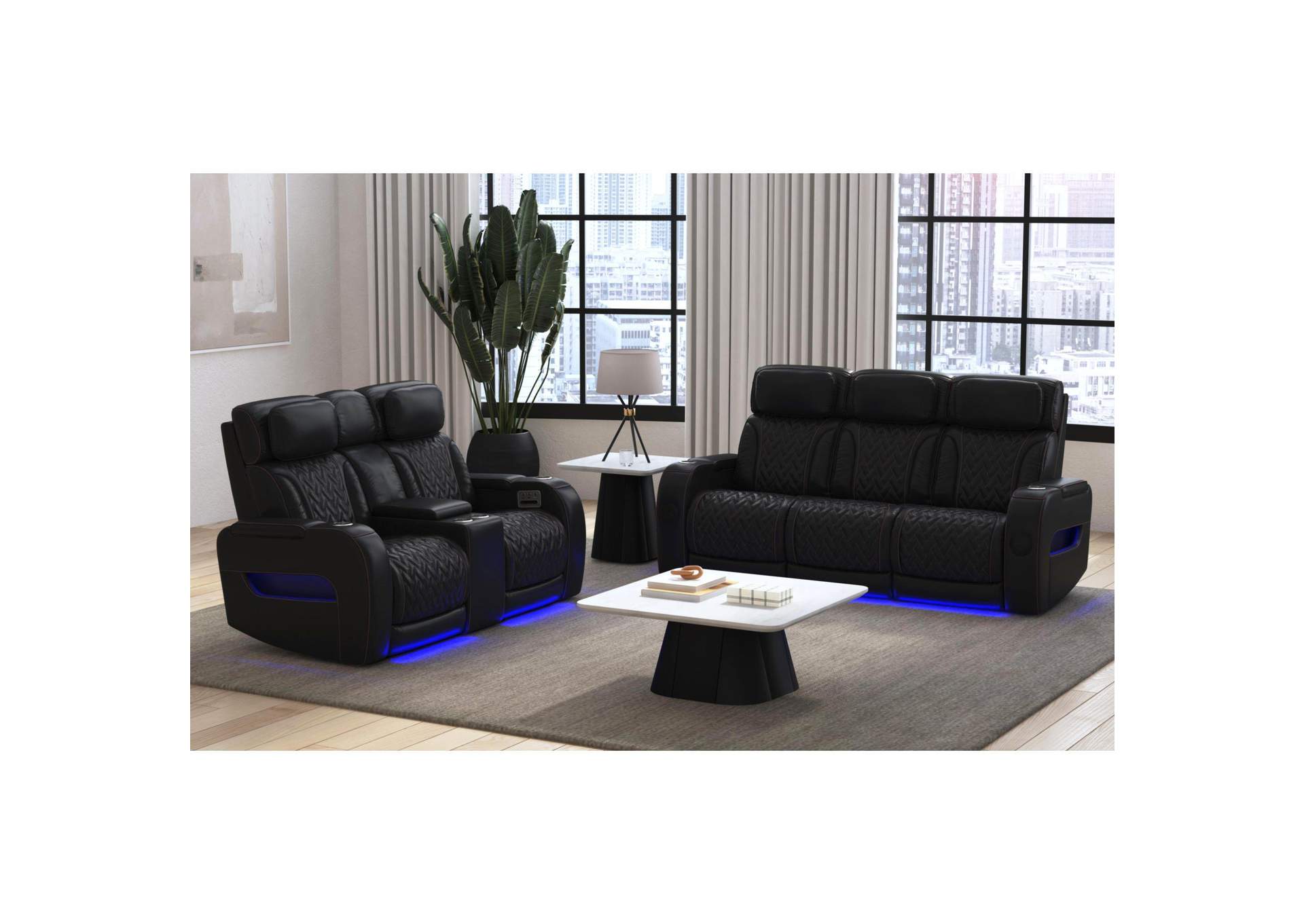 Prime Time P3 Sofa With I Table Reading Light Heat Massage Led And Speaker In Jett Black With Red Stitching image 1