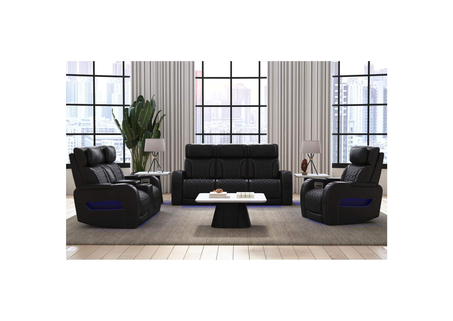 Prime Time P3 Recliner With Led And Wireless Charger Pocket In Pebble Black With Red Stitching image 1
