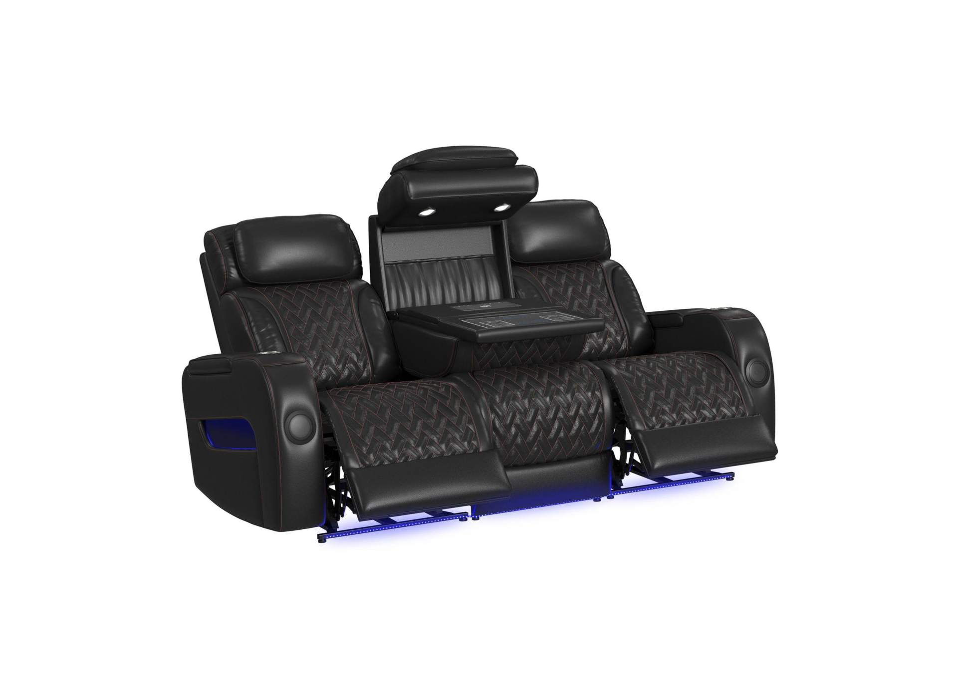 Prime Time P3 Sofa With I Table Reading Light Heat Massage Led And Speaker In Jett Black With Red Stitching image 4
