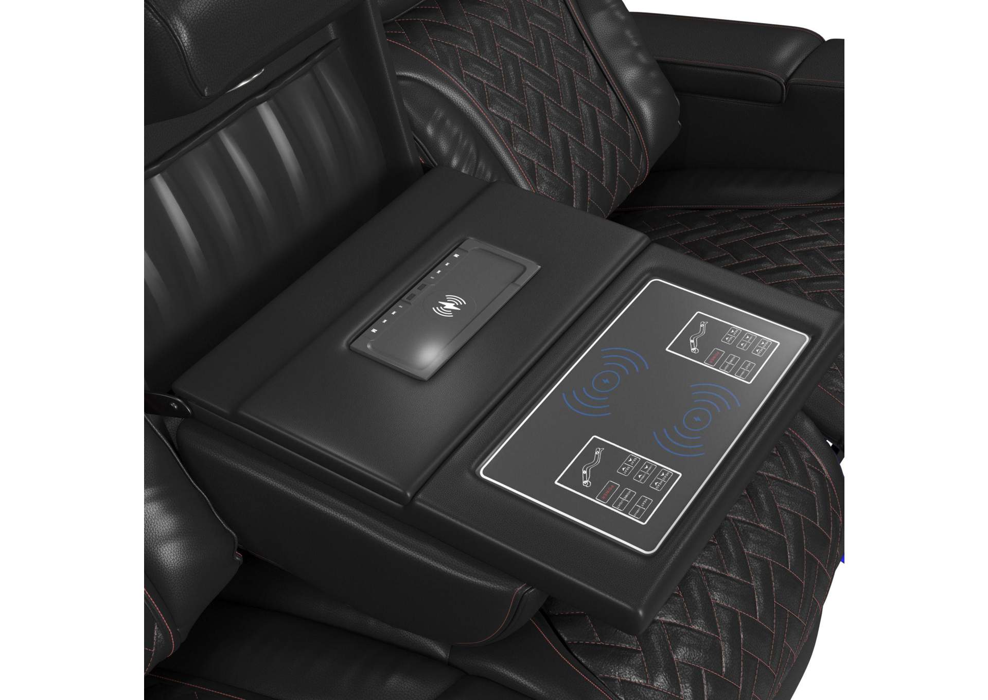 Prime Time P3 Sofa With I Table Reading Light Heat Massage Led And Speaker In Jett Black With Red Stitching image 10