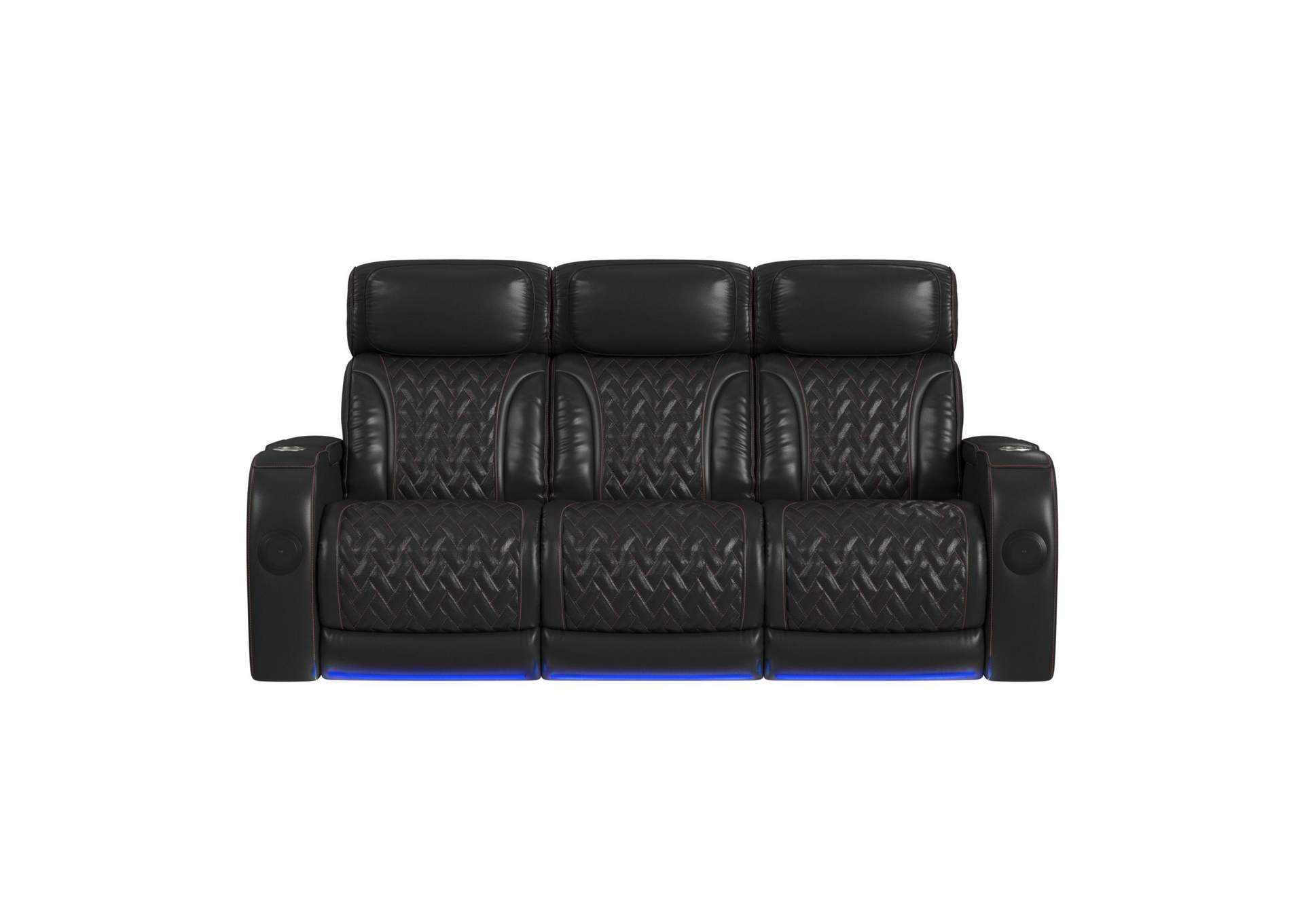 Prime Time P3 Sofa With I Table Reading Light Heat Massage Led And Speaker In Jett Black With Red Stitching image 5