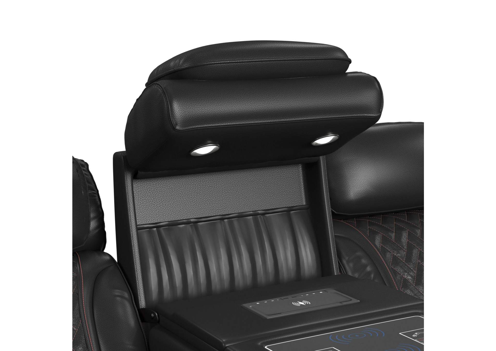 Prime Time P3 Sofa With I Table Reading Light Heat Massage Led And Speaker In Jett Black With Red Stitching image 9