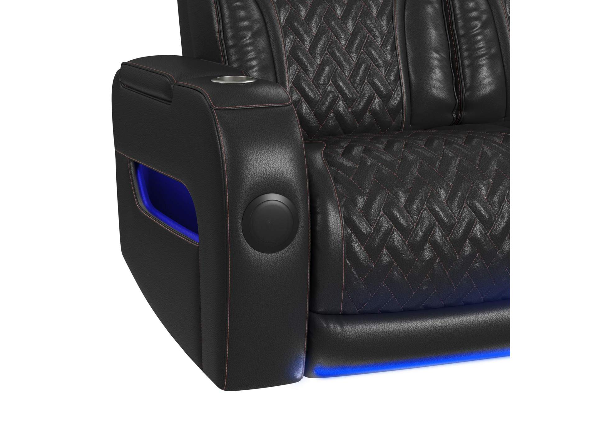 Prime Time P3 Sofa With I Table Reading Light Heat Massage Led And Speaker In Jett Black With Red Stitching image 12
