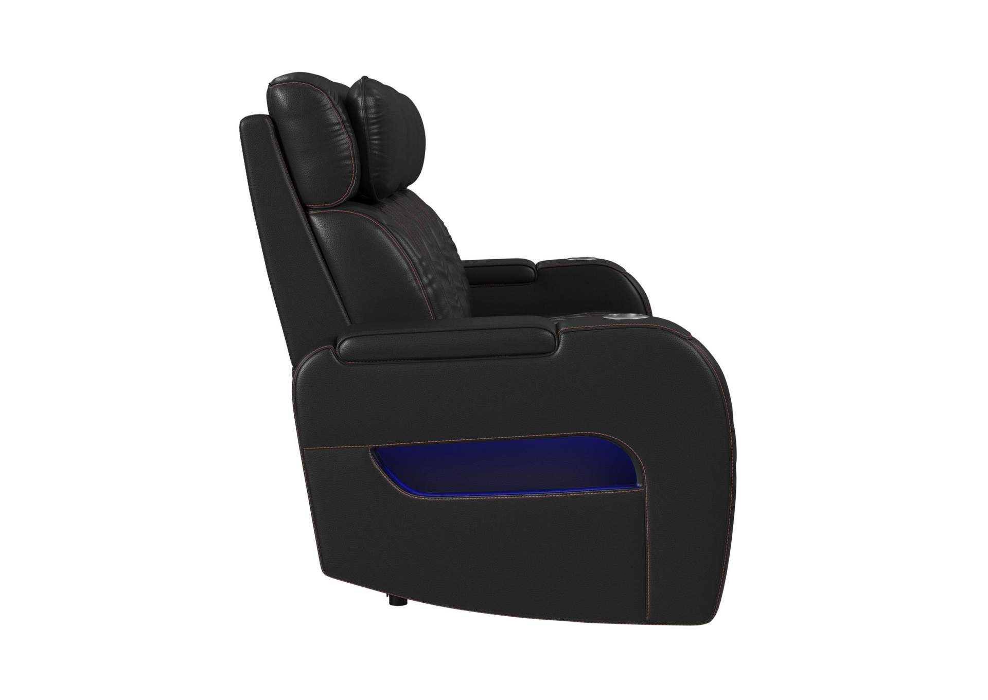 Prime Time P3 Sofa With I Table Reading Light Heat Massage Led And Speaker In Jett Black With Red Stitching image 6