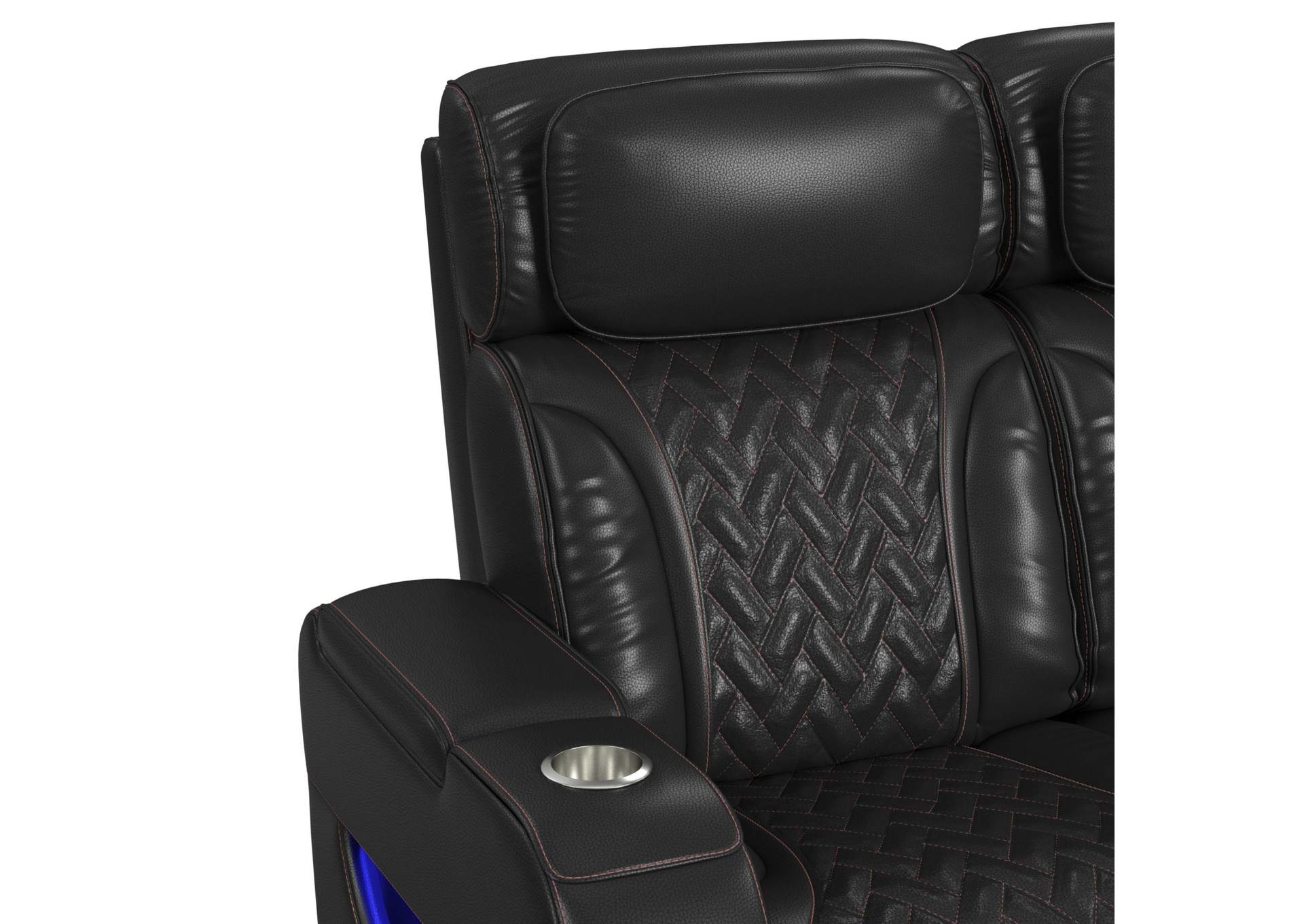 Prime Time P3 Sofa With I Table Reading Light Heat Massage Led And Speaker In Jett Black With Red Stitching image 7