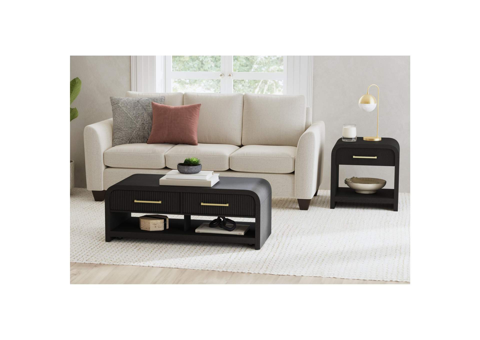 Ridgemont Coffee Table With Casters - Push Through Drawer In Black With Grain image 1
