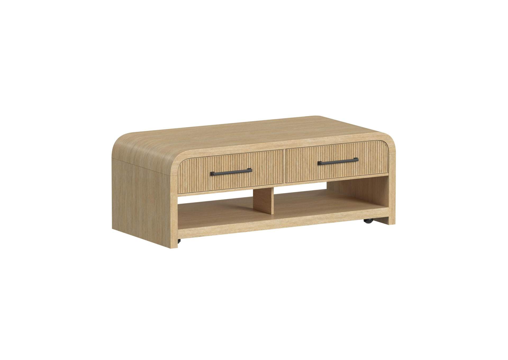 Ridgemont Coffee Table With Casters - Push Through Drawer In Natural image 5