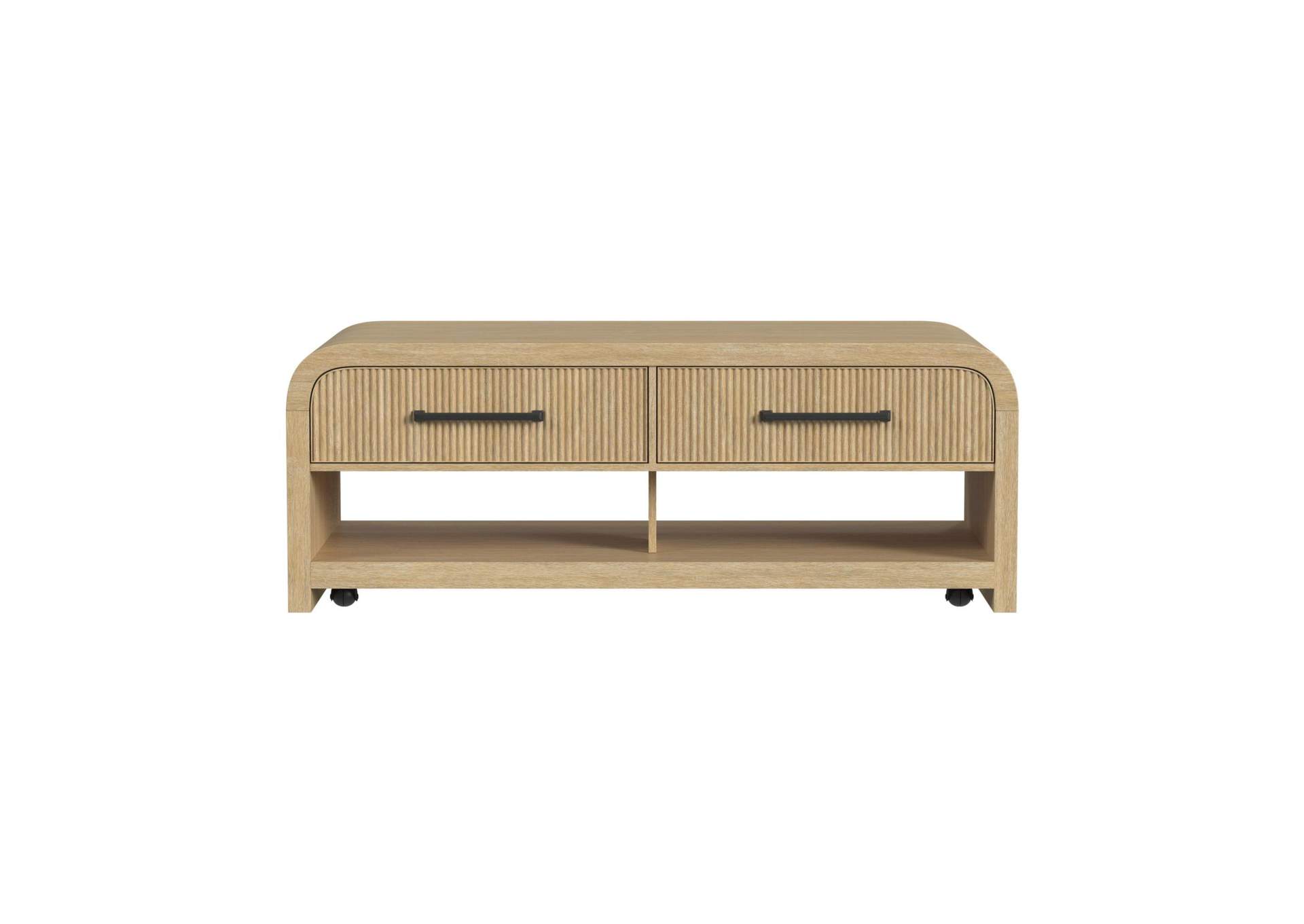 Ridgemont Coffee Table With Casters - Push Through Drawer In Natural image 6