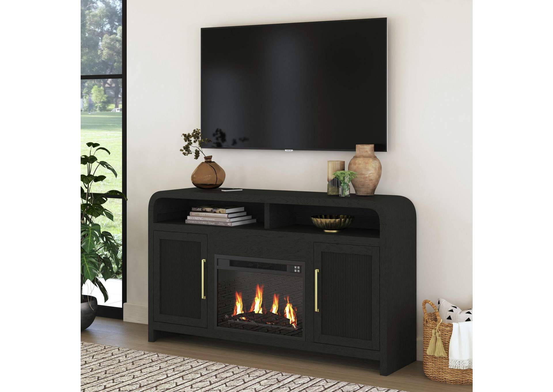 Ridgemont Complete 60 Fireplace Cabinet In Black With Grain - Single Pack image 1