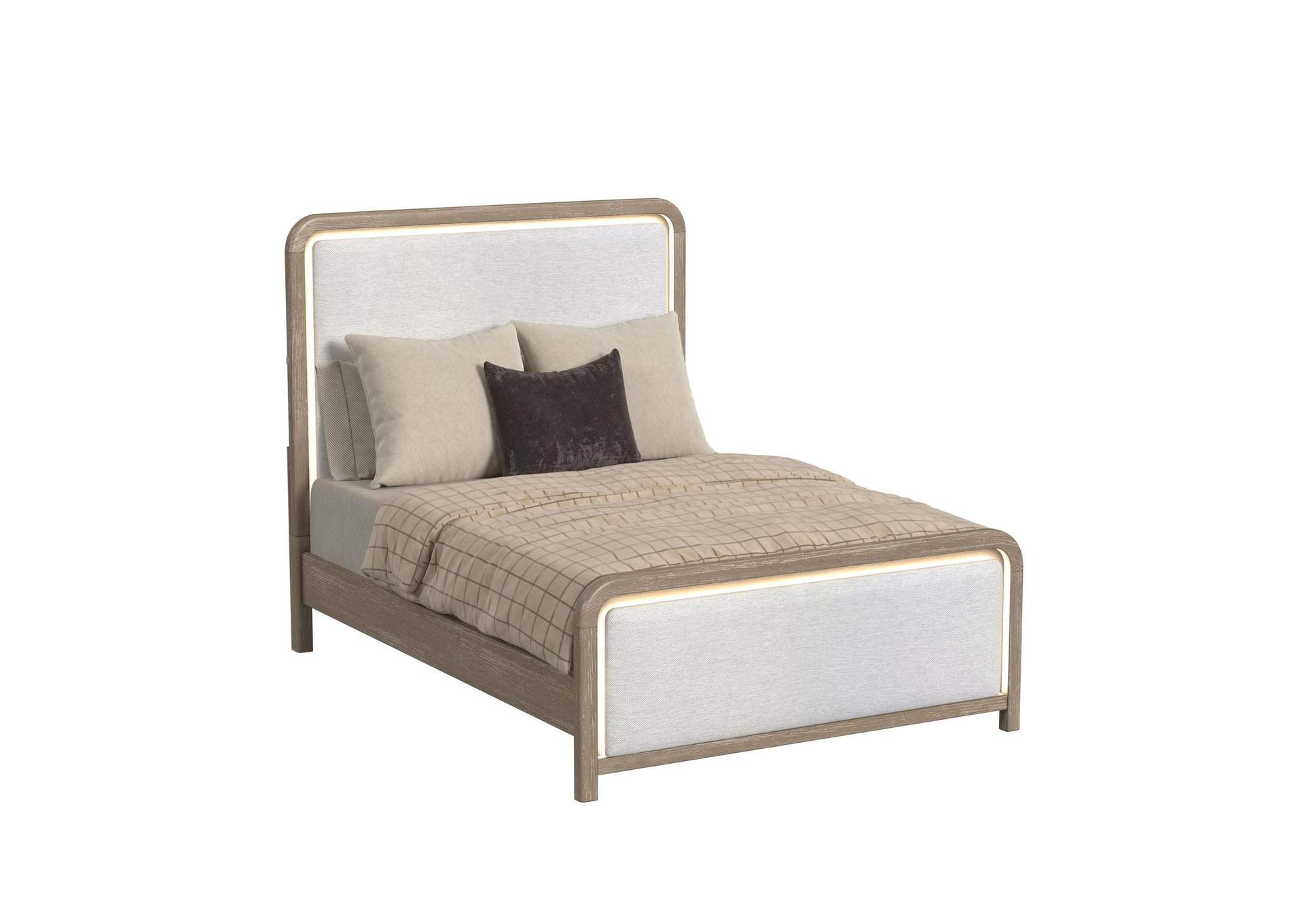 Sabrina Queen Upholstery Bed With Led And White Fabric In Brown Oak image 3