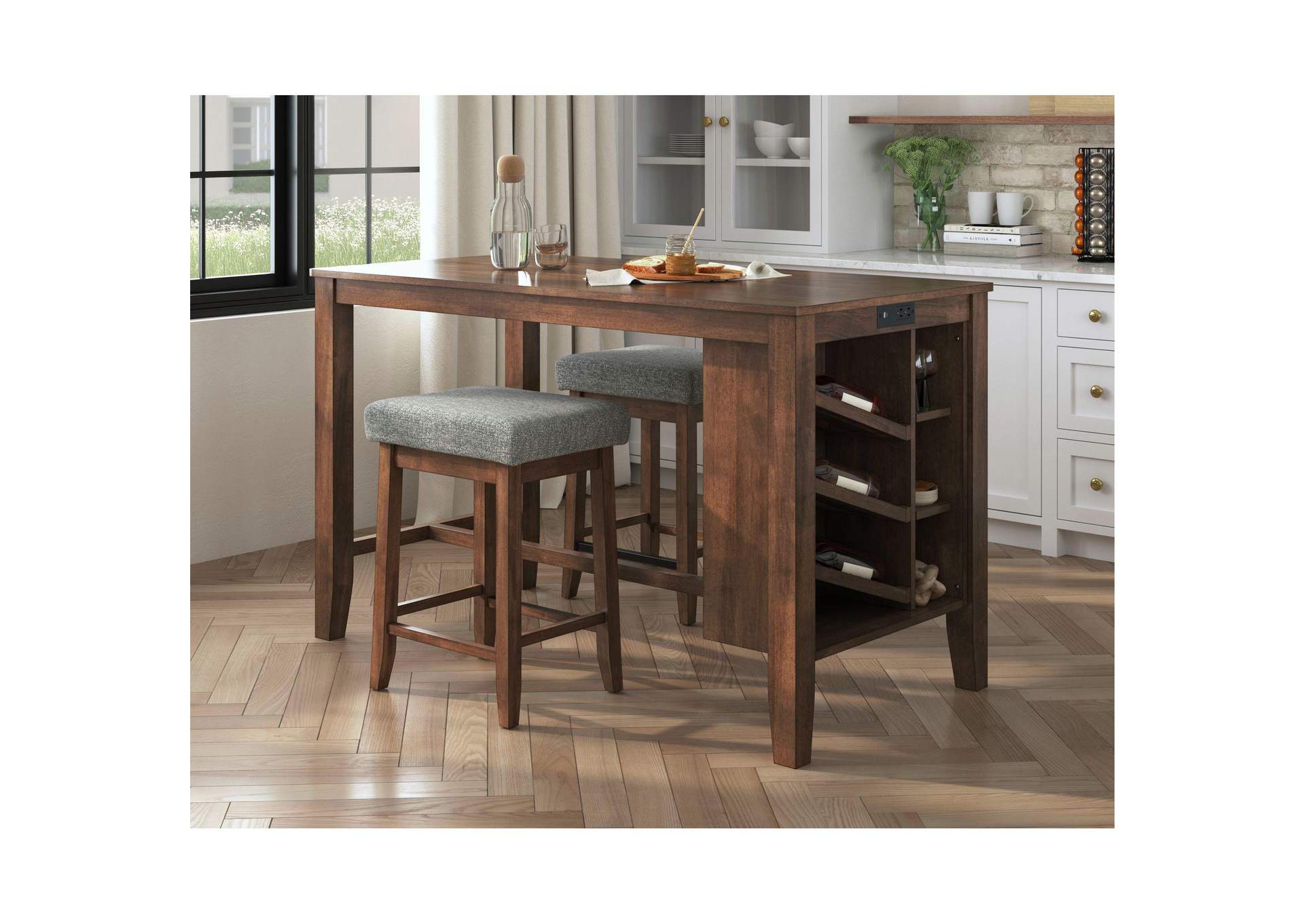 Santa Barbara Kitchen Island 2 Counter Stools With Dark Grey Fabric In Walnut image 1