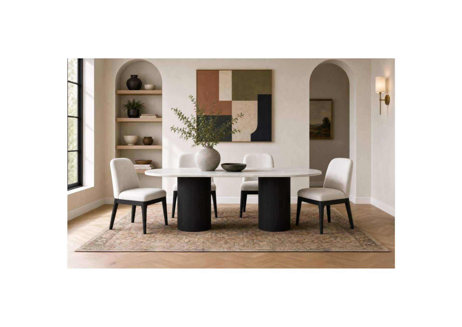 Sylvie Oval Dining Table With White Faux Marble Top In Black With Grain image 1