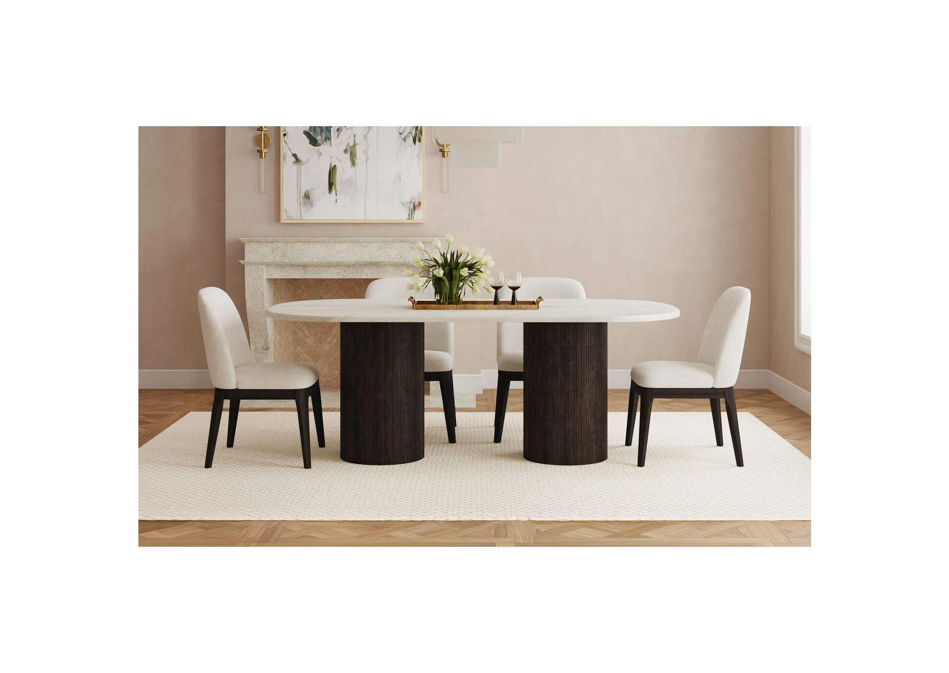 Sylvie Oval Dining Table With White Faux Marble Top In Dark Brown image 1