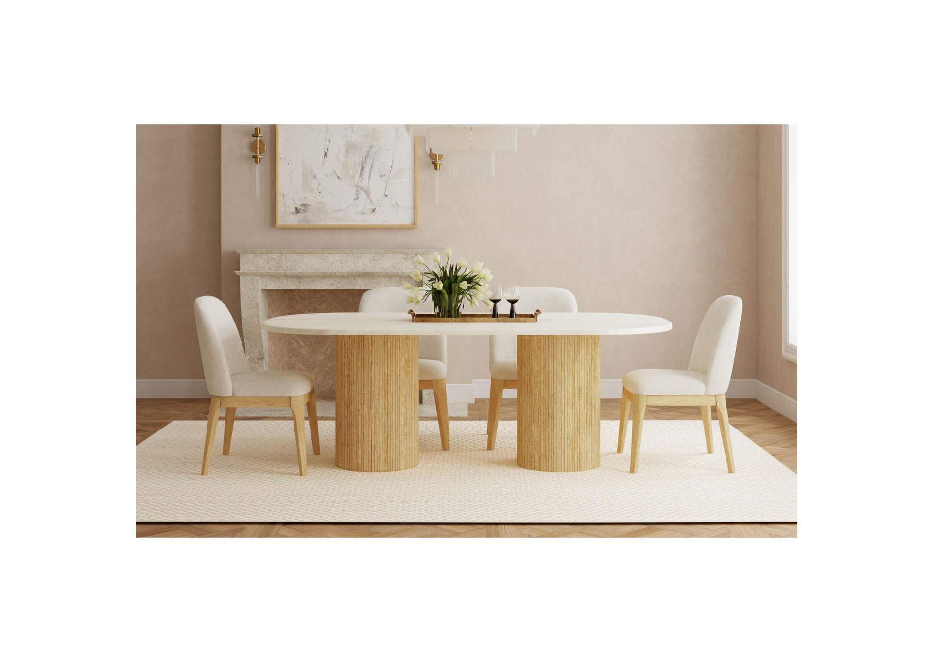 Sylvie Oval Dining Table With White Faux Marble Top In Natural image 1
