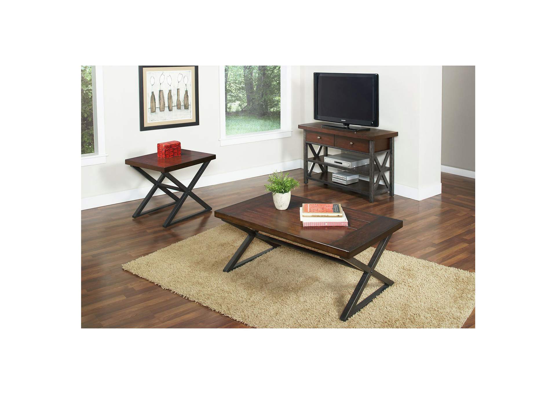 (T261-120) Crossing- Rectangular End Table- Brown Cherry/Steel