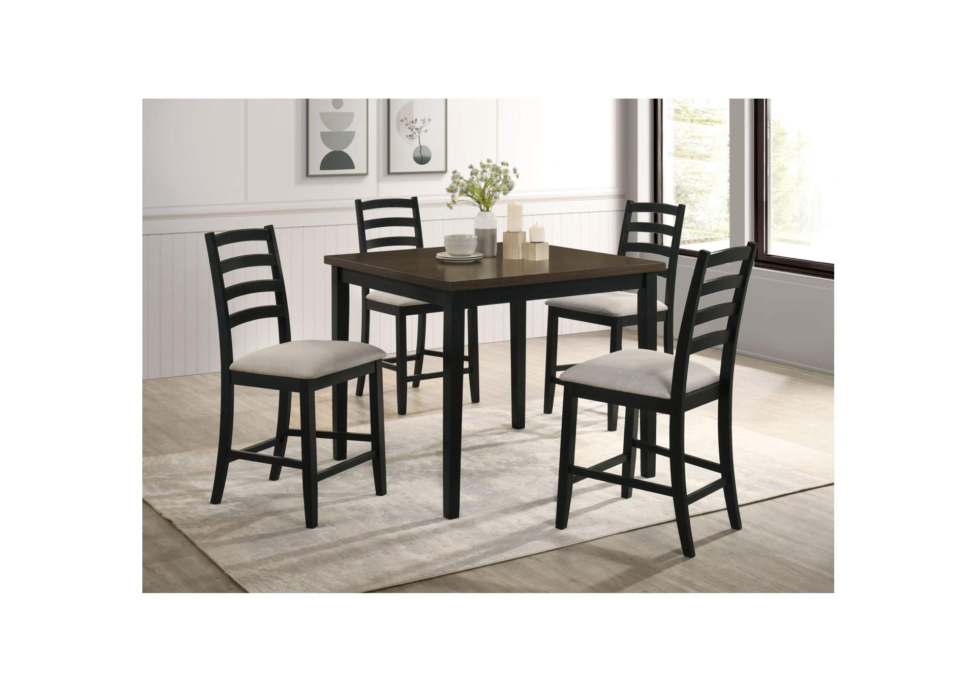 Tulane 5 Piece Counter Table 4 Counter Chairs With Beige Fabric In Oak Black image 1