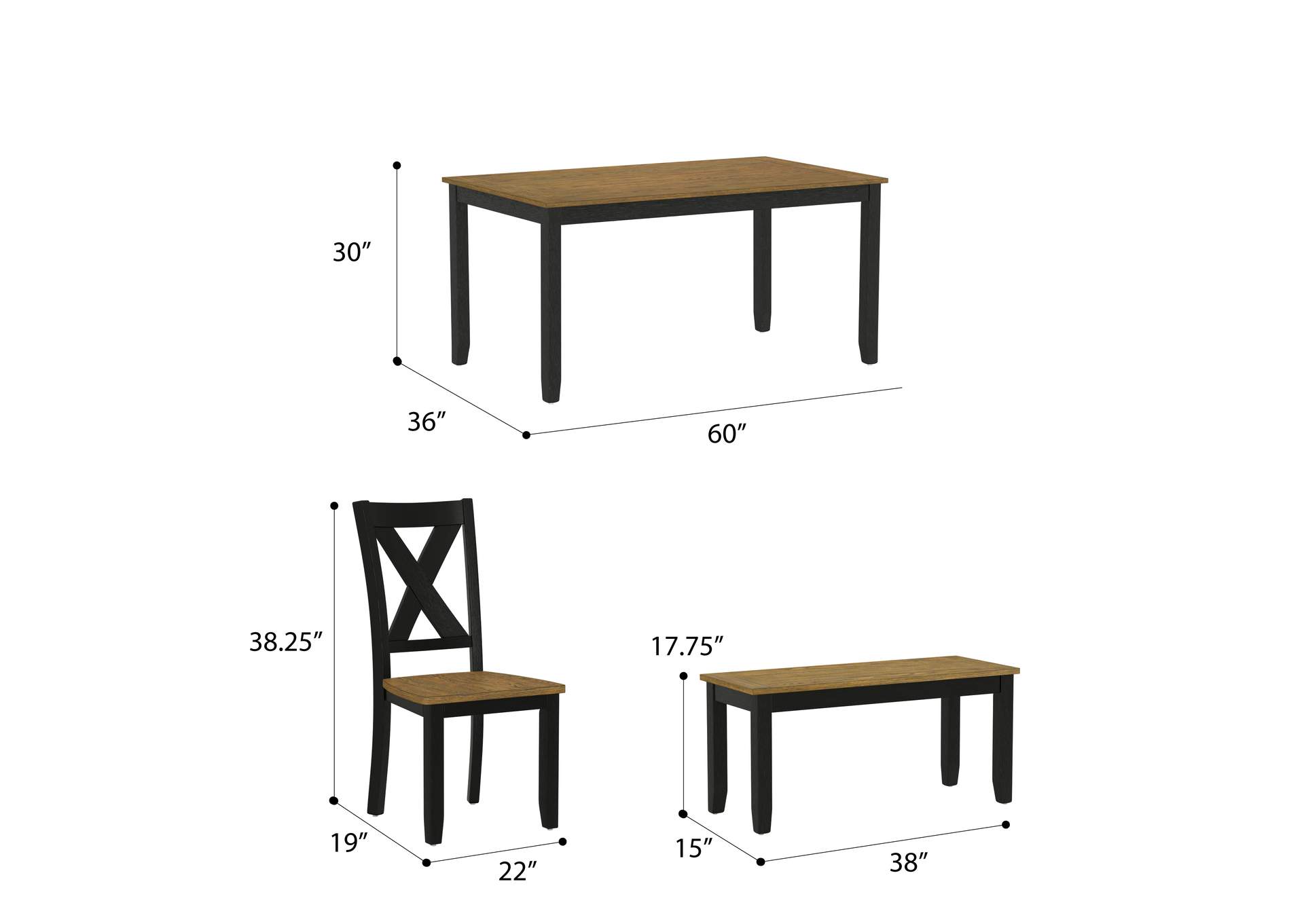 Arlington Pc Dining Table + Chairs + Bench, Brown - Black 4835 3660 1pk