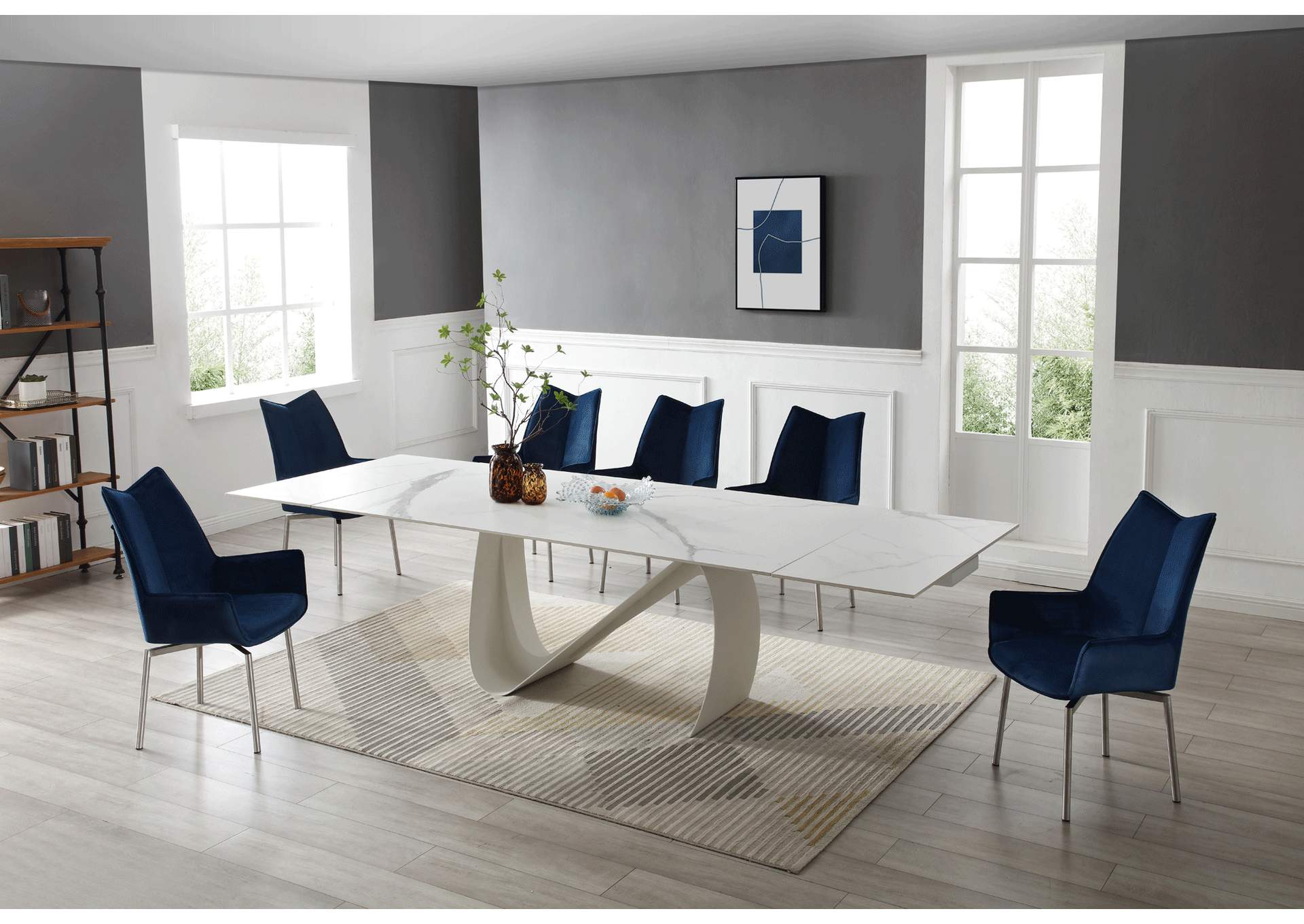 9087 Table White with 1218 Swivel Blue Chair SET image 1