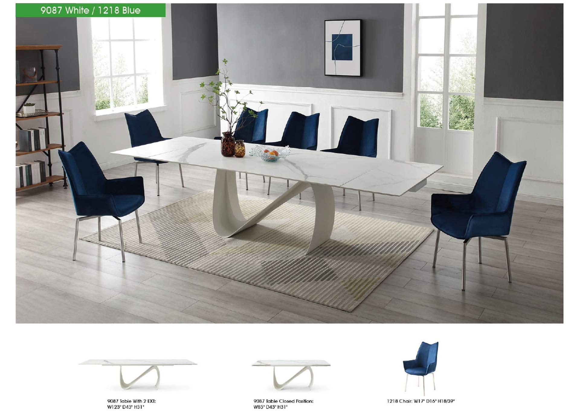 9087 Table White with 1218 Swivel Blue Chair SET image 3