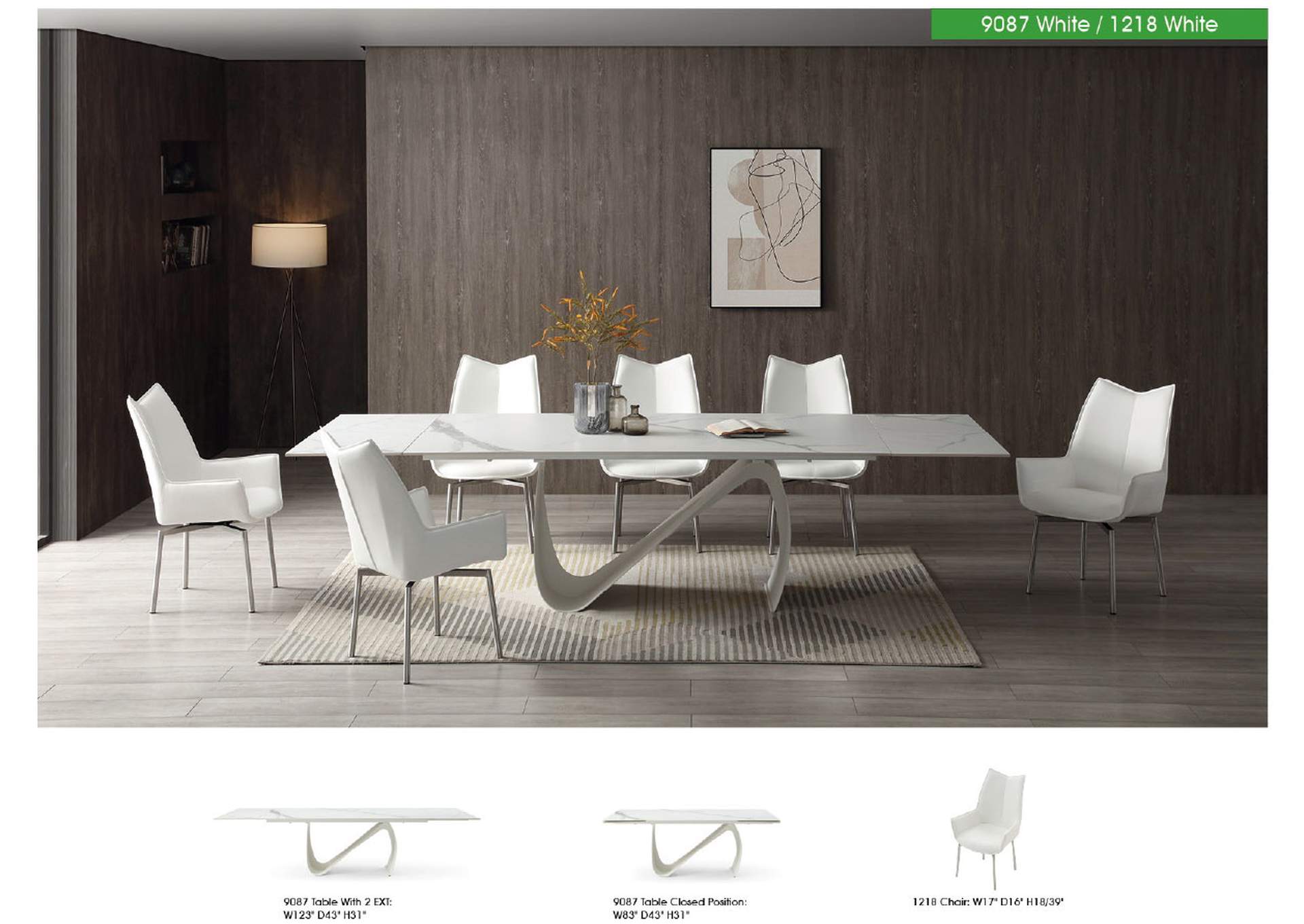 9087 Table White with 1218 Swivel White Chair SET image 3
