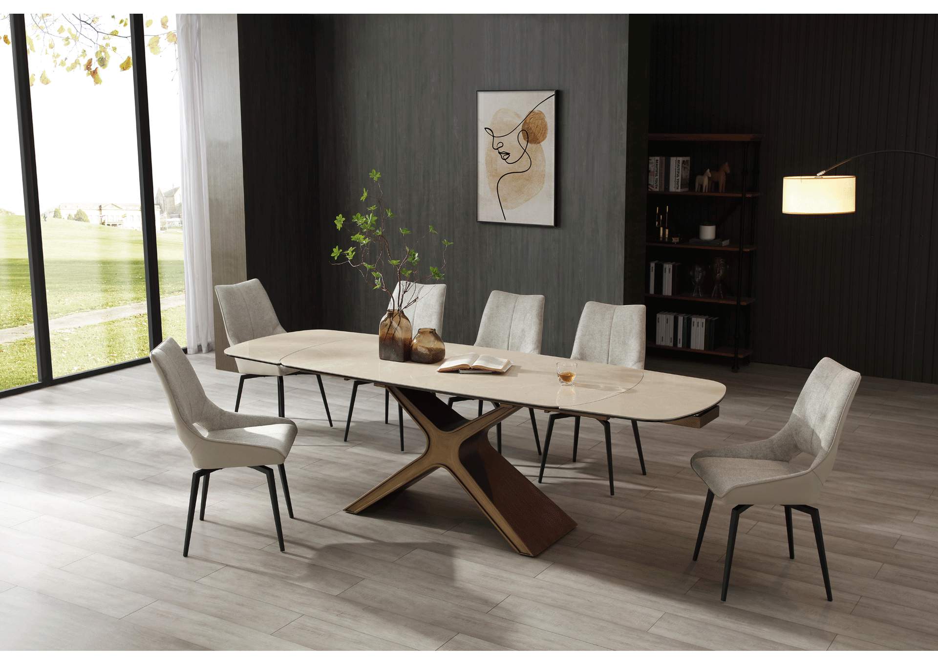 9368 Table Taupe with 1239 Swivel Beige Chairs SET image 1