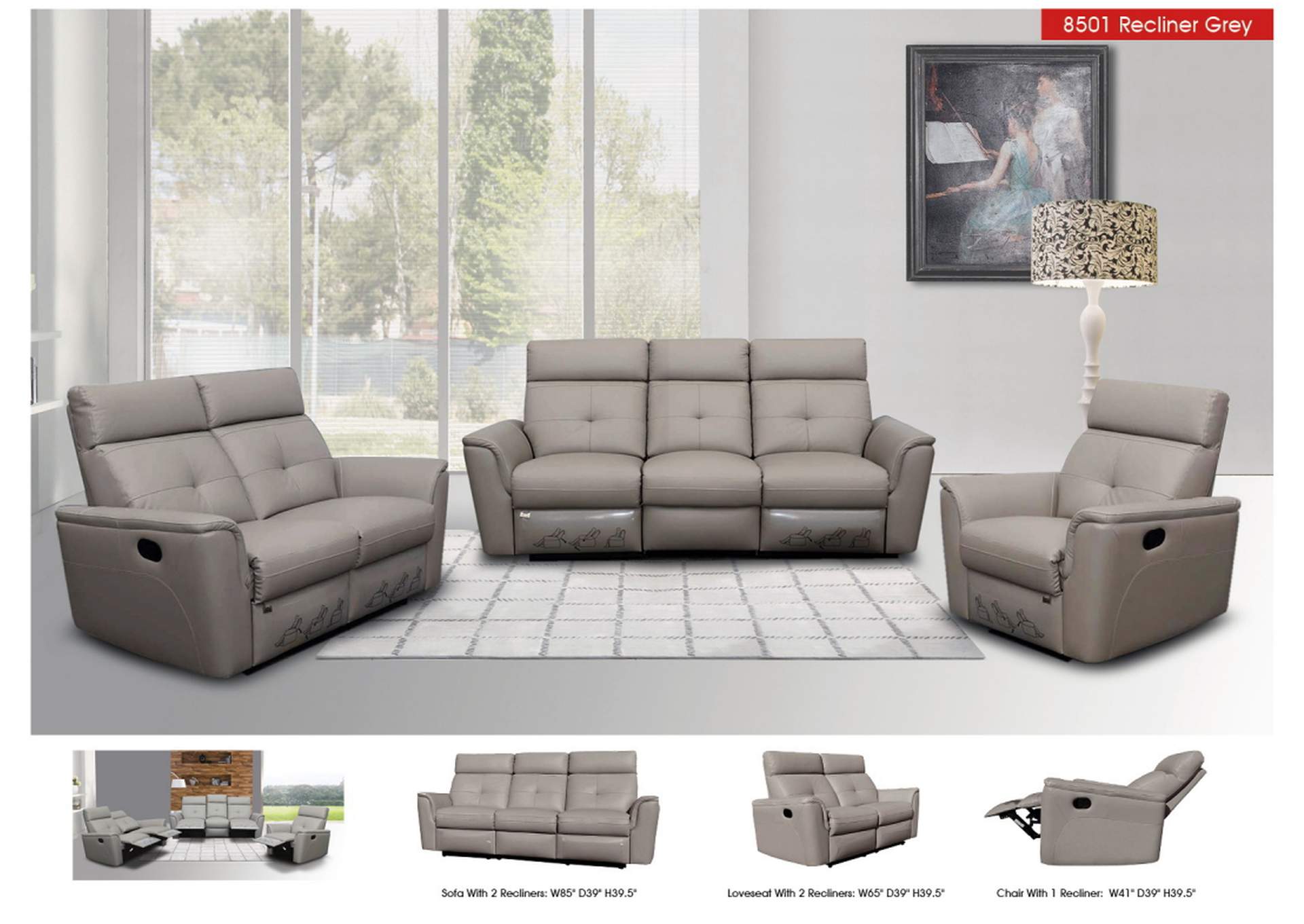8501 Light Grey with Manual Recliners SET image 5