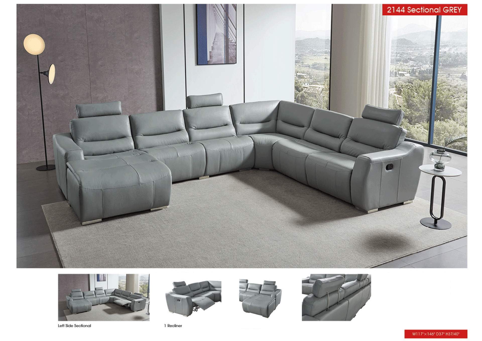 2144 Sectional Light Grey with 1 Recliner SET image 7